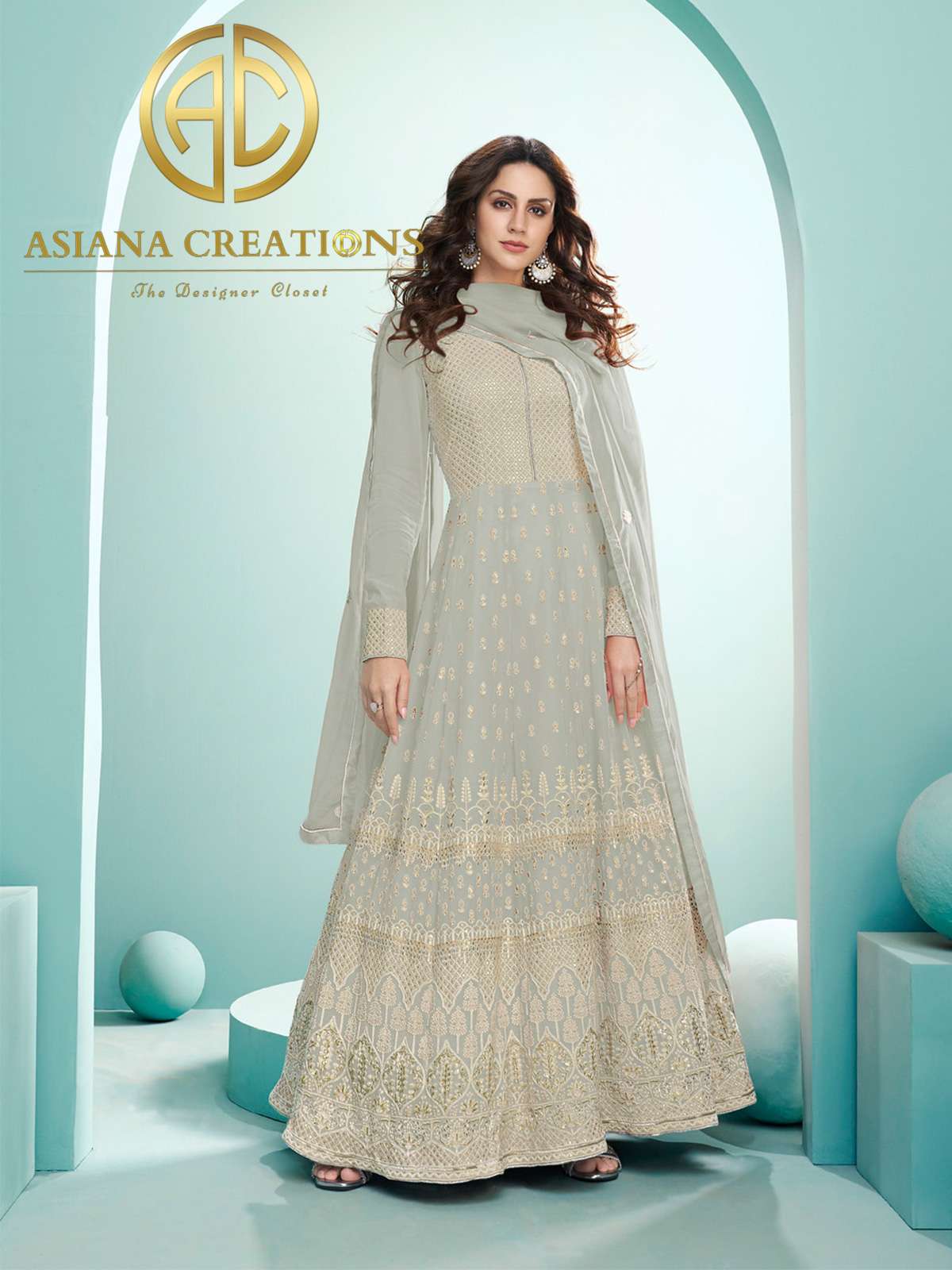 Lucknowi Georgette Grey Wedding Wear Anarkali Suit-2415