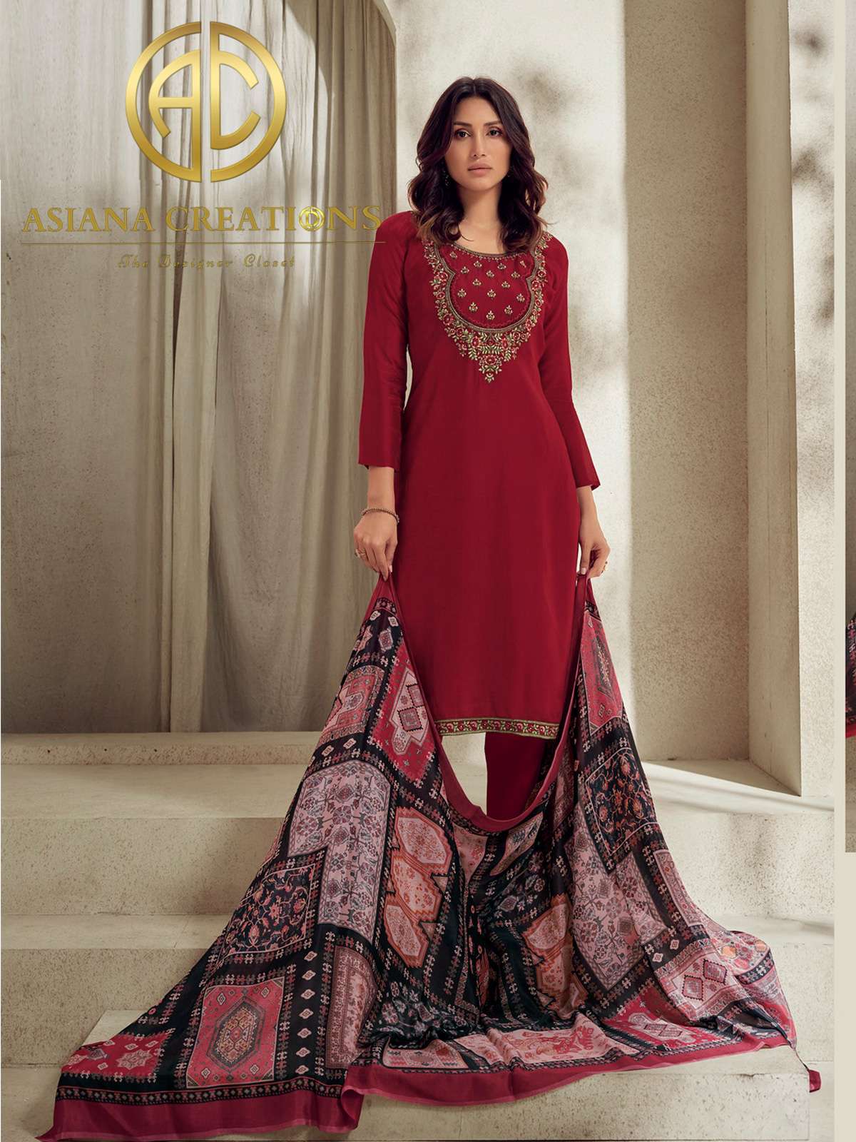 Upada Silk Embroidered Red Straight Festive Wear Salwar Suits-2419