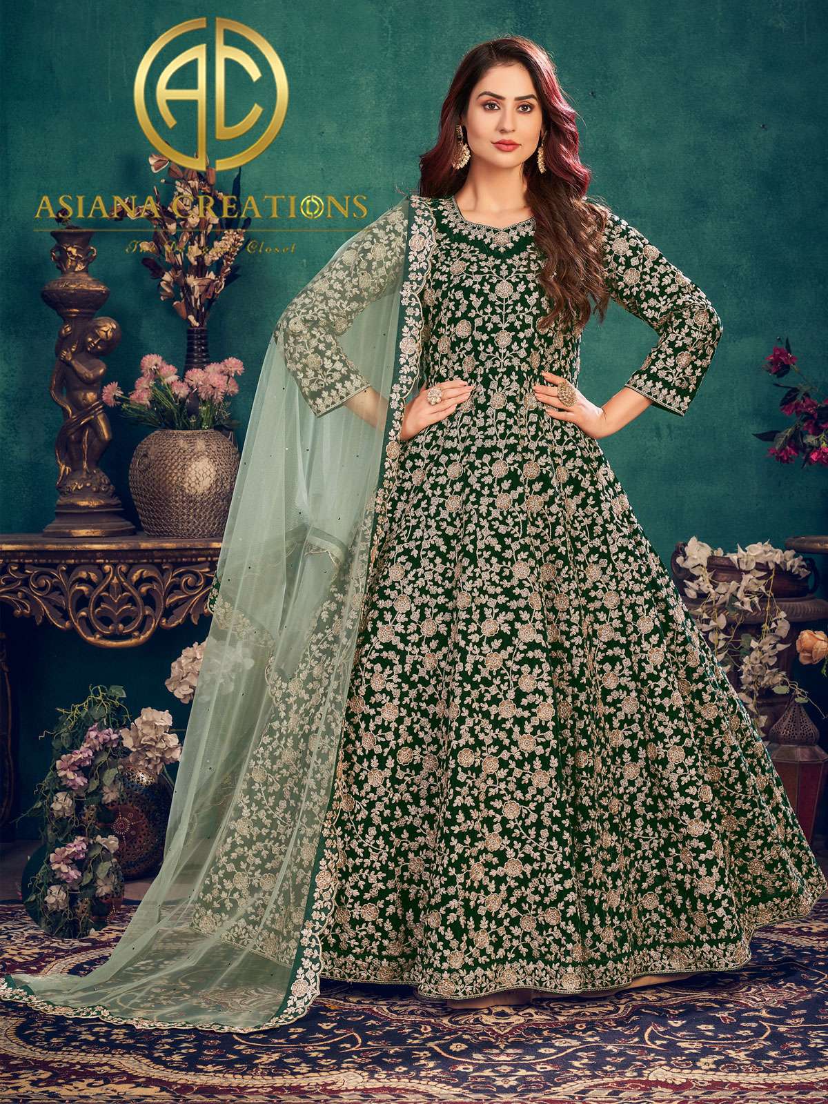 Velvet Heavy Dark Green Wedding Wear Anarkali Suit-2424