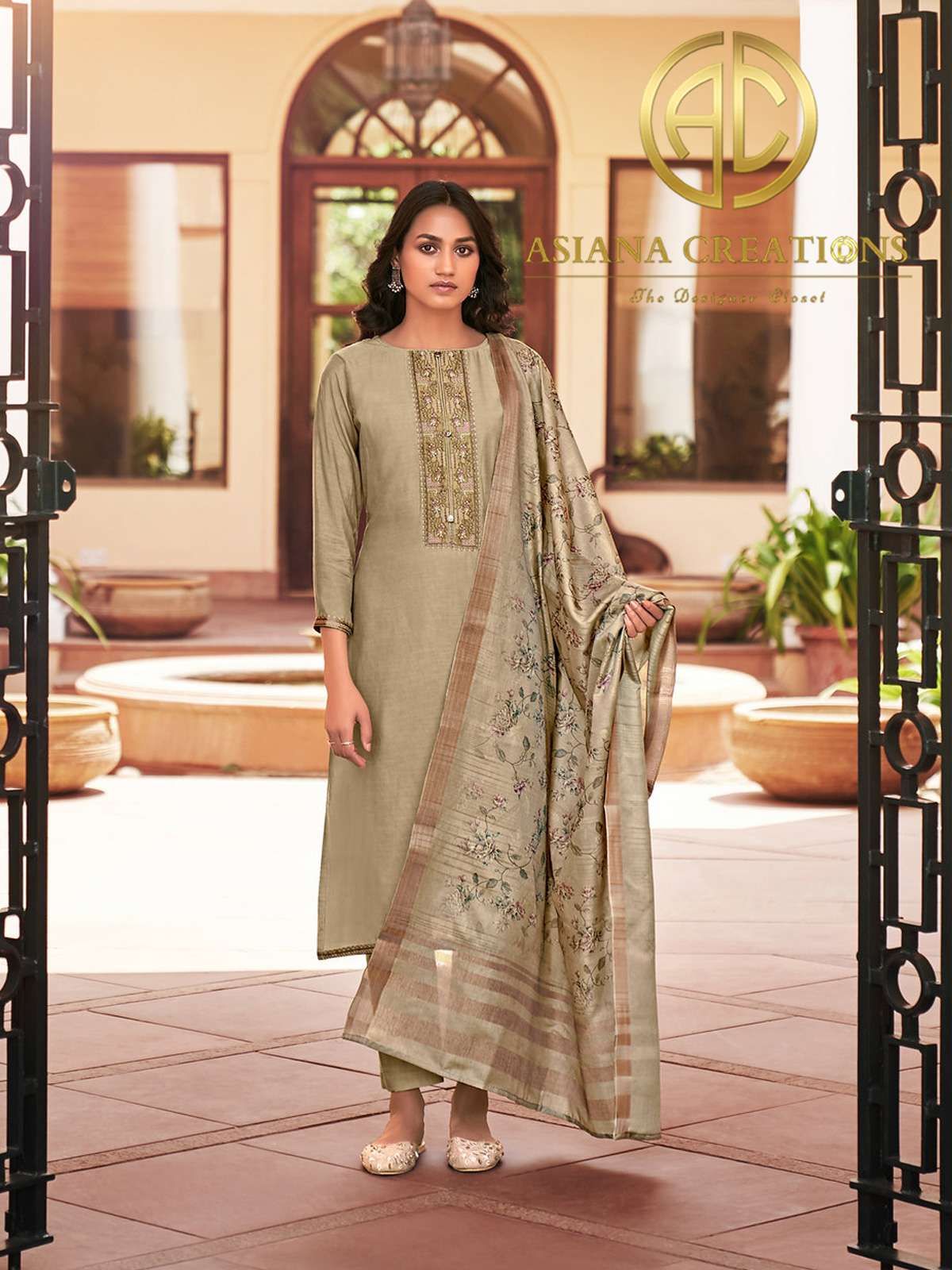 Muslin Beige Embroidered Straight Salwar Suits-2475