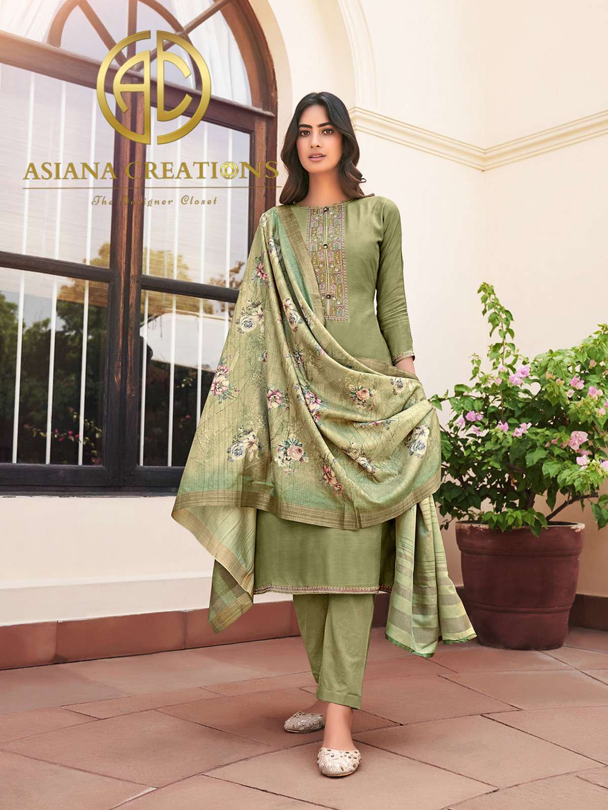 Muslin Green Embroidered Straight Salwar Suits-2477