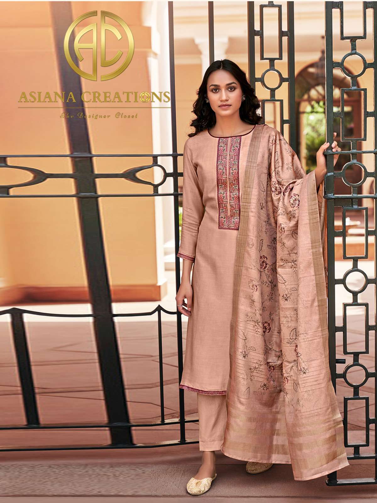 Muslin Peach Embroidered Straight Salwar Suits-2479
