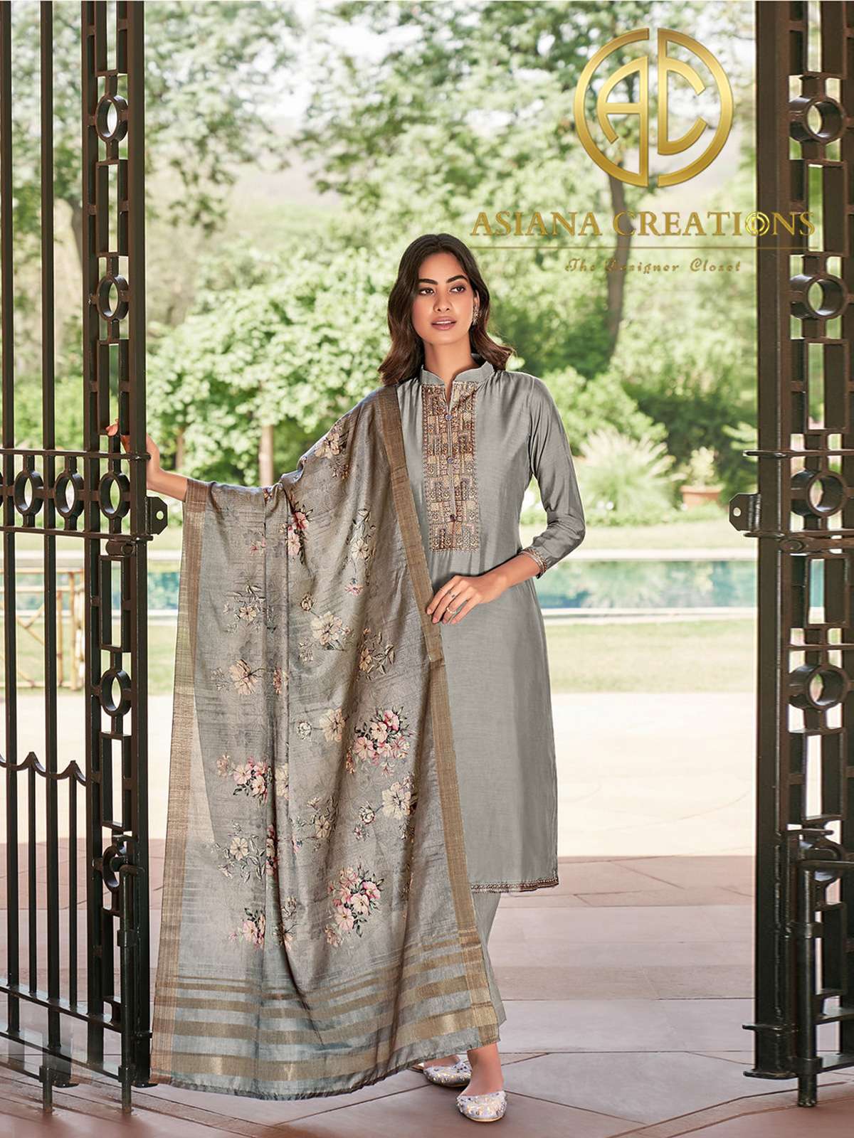 Muslin Grey Embroidered Straight Salwar Suits-2480