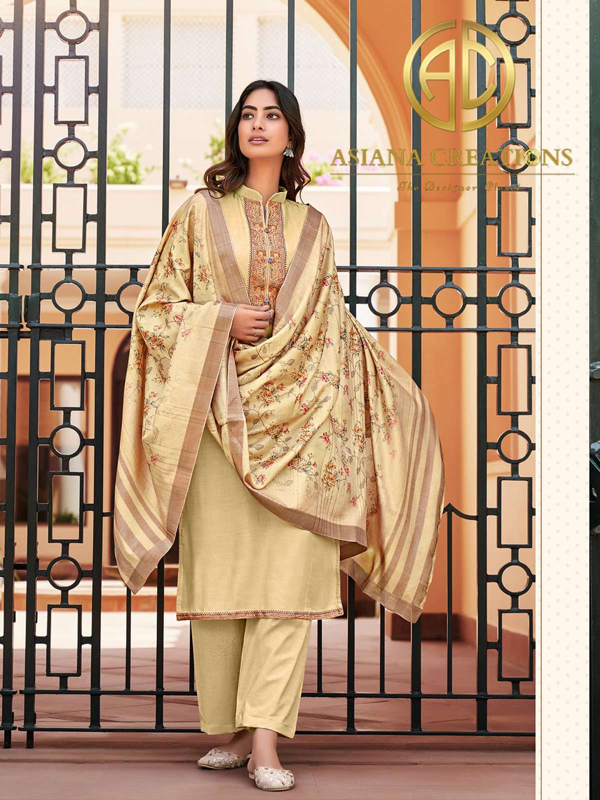 Muslin Beige Embroidered Straight Salwar Suits-2481