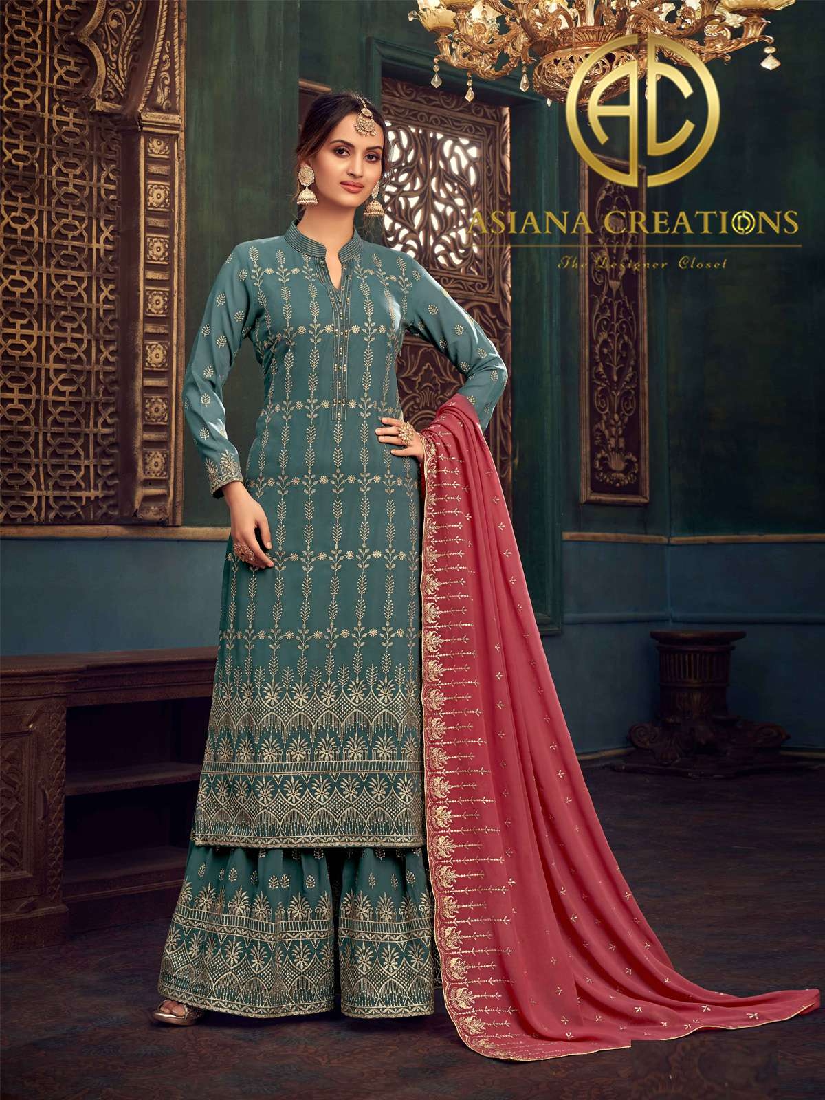 Georgette Embroidered Wedding Wear Green Palazzo Suits-2496