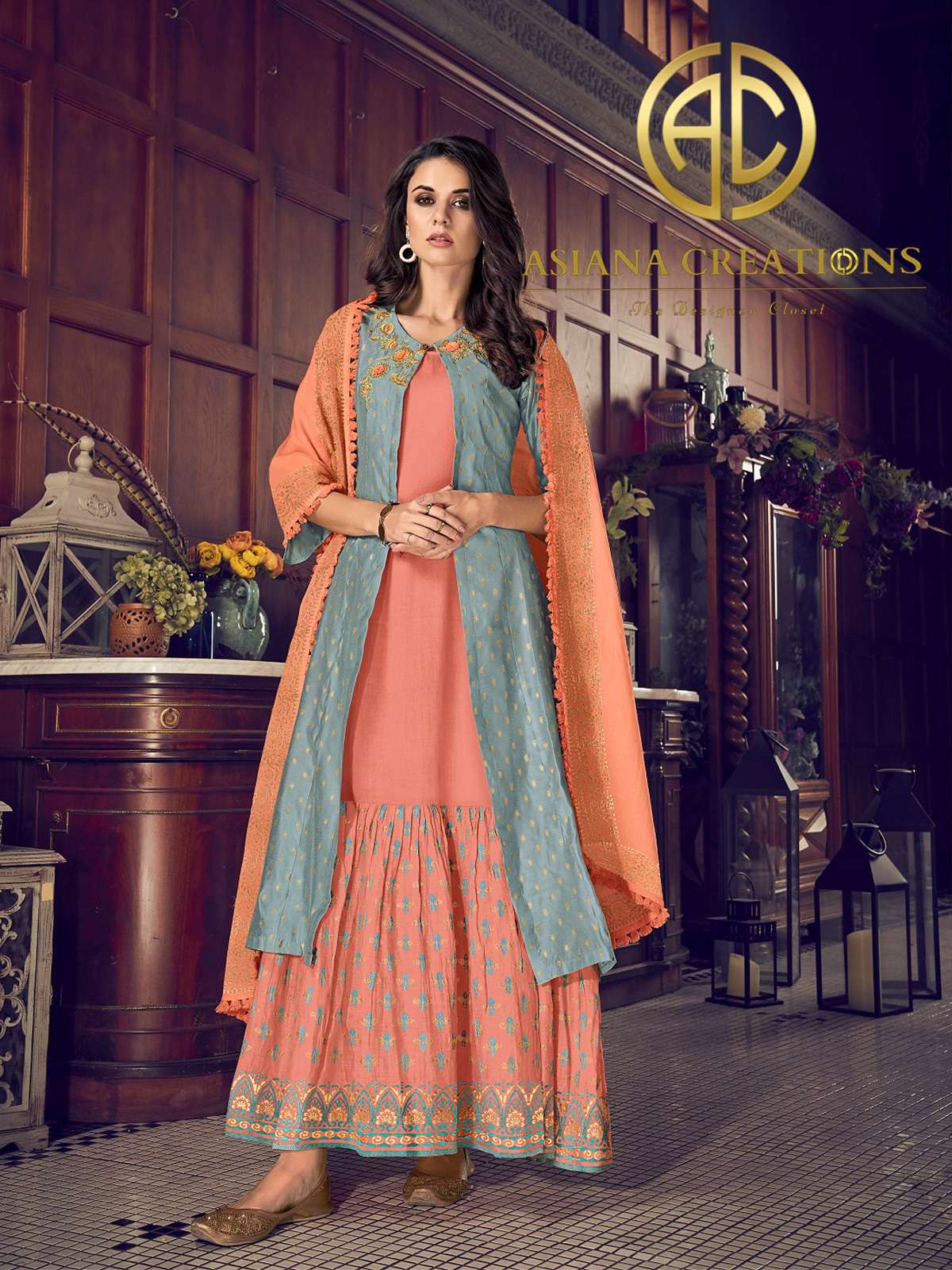 Art Silk Peach Embroidered Printed Gown with Jacket-2539