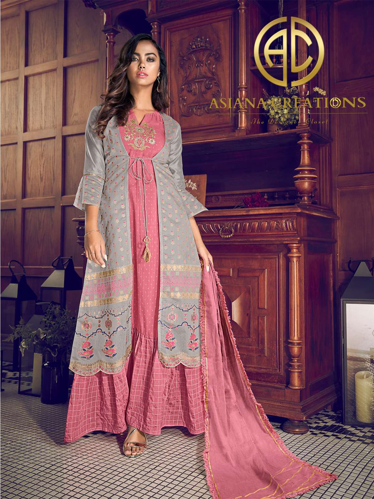 Art Silk Pink Embroidered Printed Gown with Jacket-2544