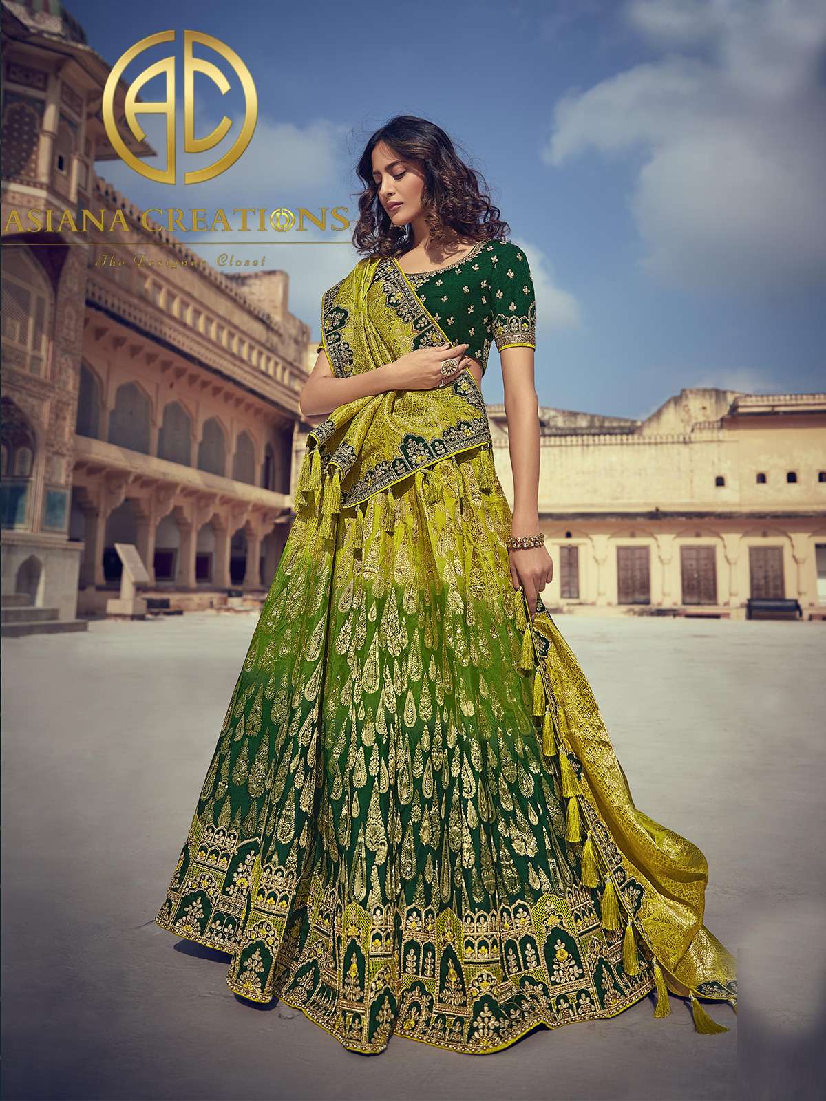 Banarasi Silk Woven Green Ombre Bridal Wedding Lehenga -2744