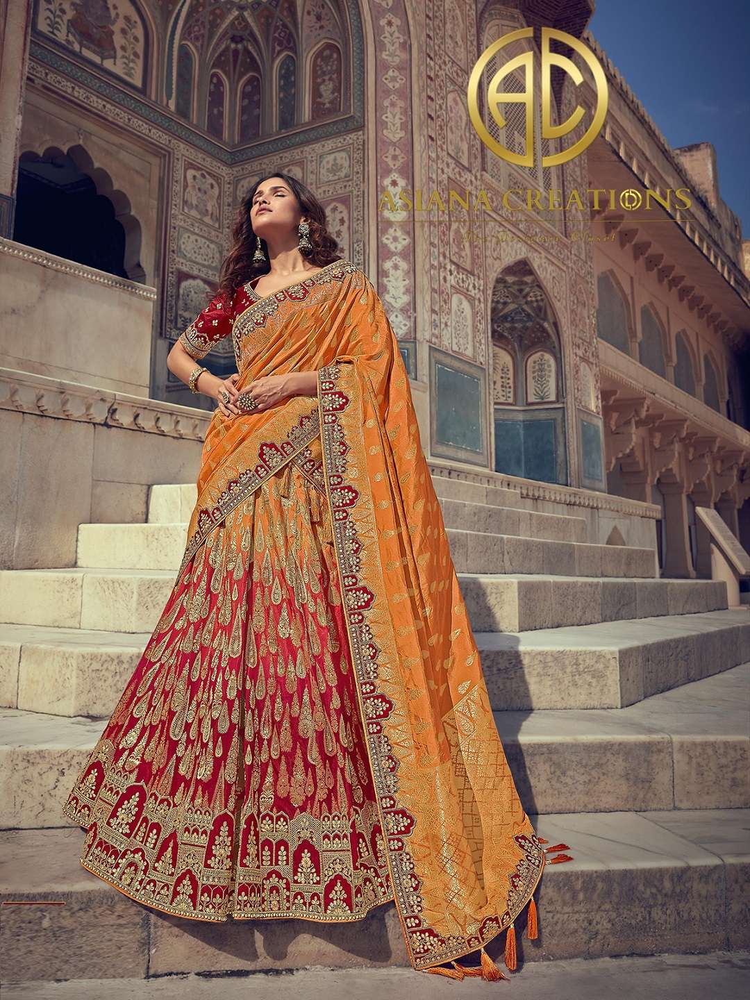 Banarasi Silk Woven Red and Orange Ombre Bridal Wedding Lehenga -2745