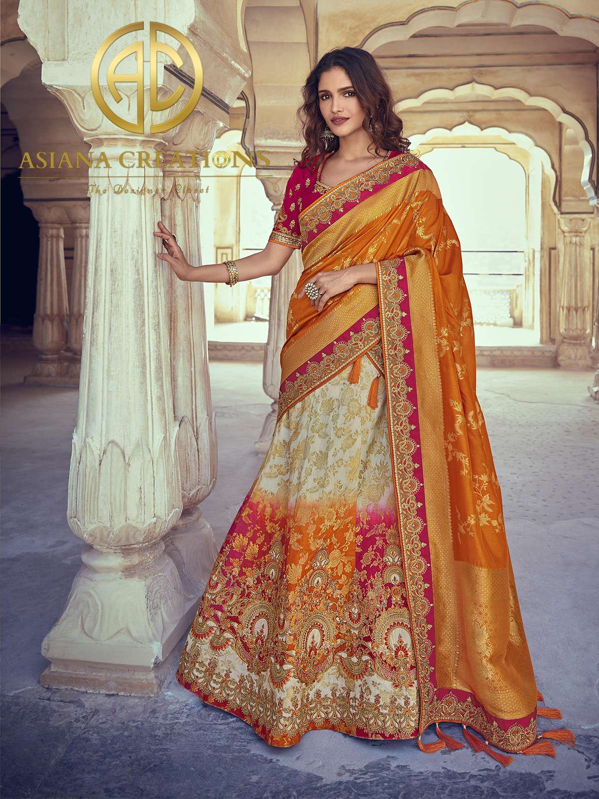 Banarasi Silk Woven Off White and Pink Ombre Bridal Wedding Lehenga -2747