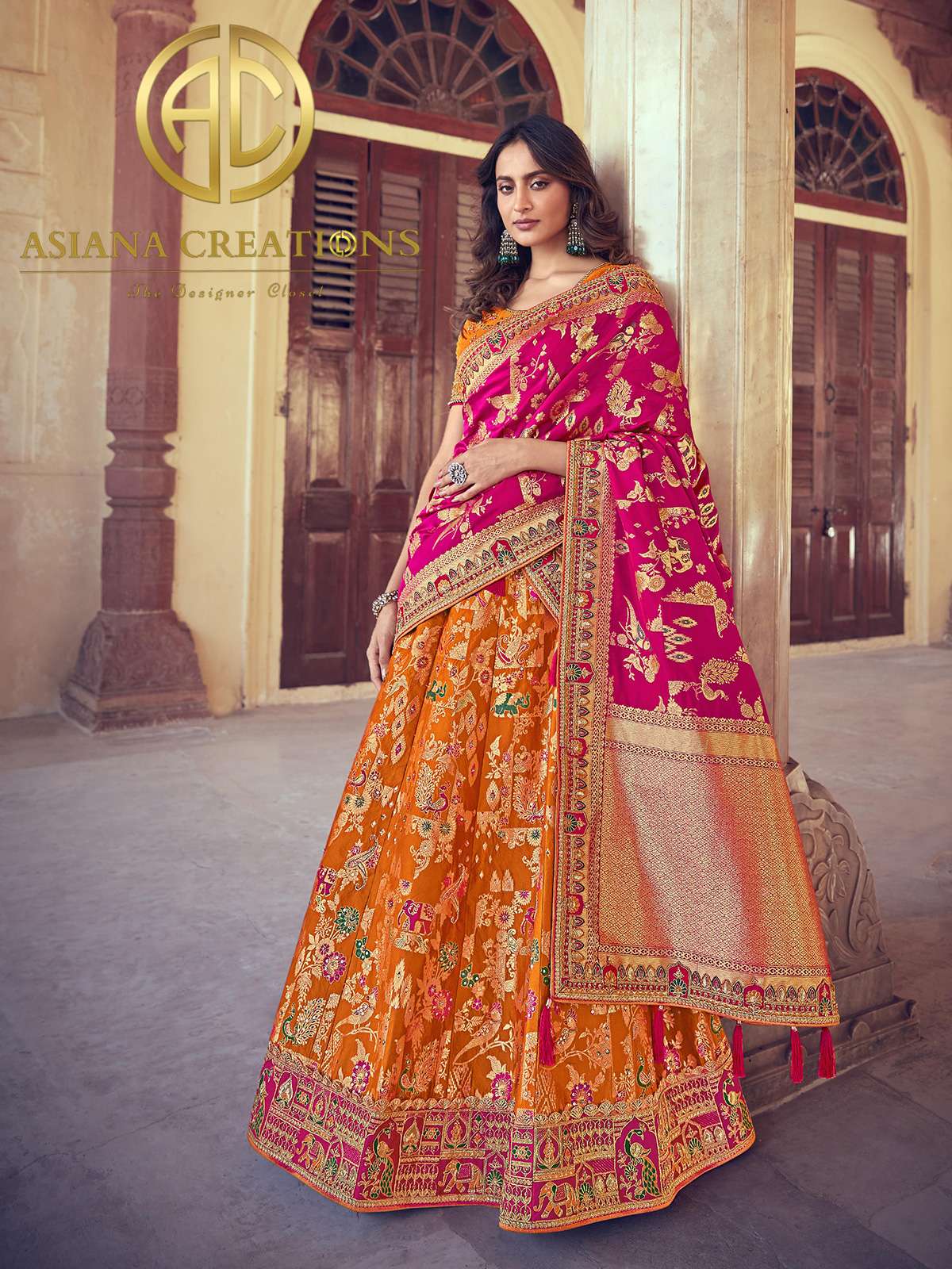 Banarasi Silk Woven Orange Bridal Wedding Lehenga -2754