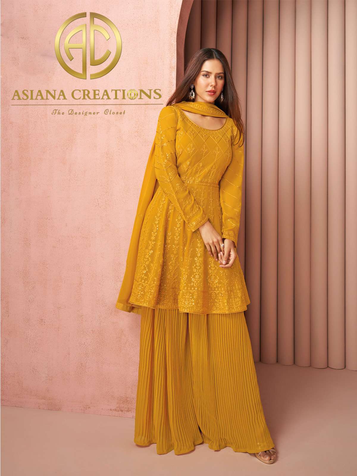 Georgette Embroidered Yellow Party Wear Peplum Style Palazzo Suit-2612