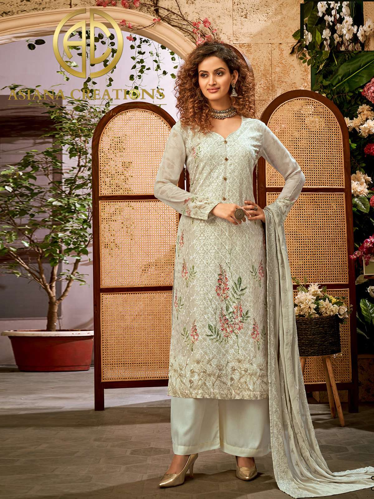 Digital Printed Georgette Off White Casual Wear Palazzo Suit-2639