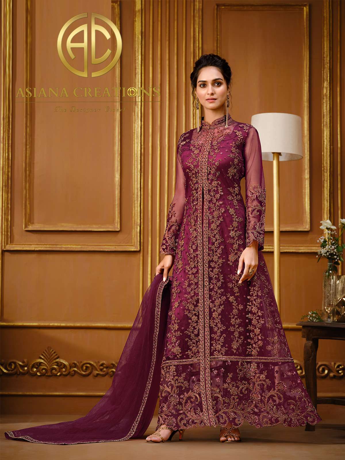 Net Embroidered Wine Anarkali Wedding Suit-2730