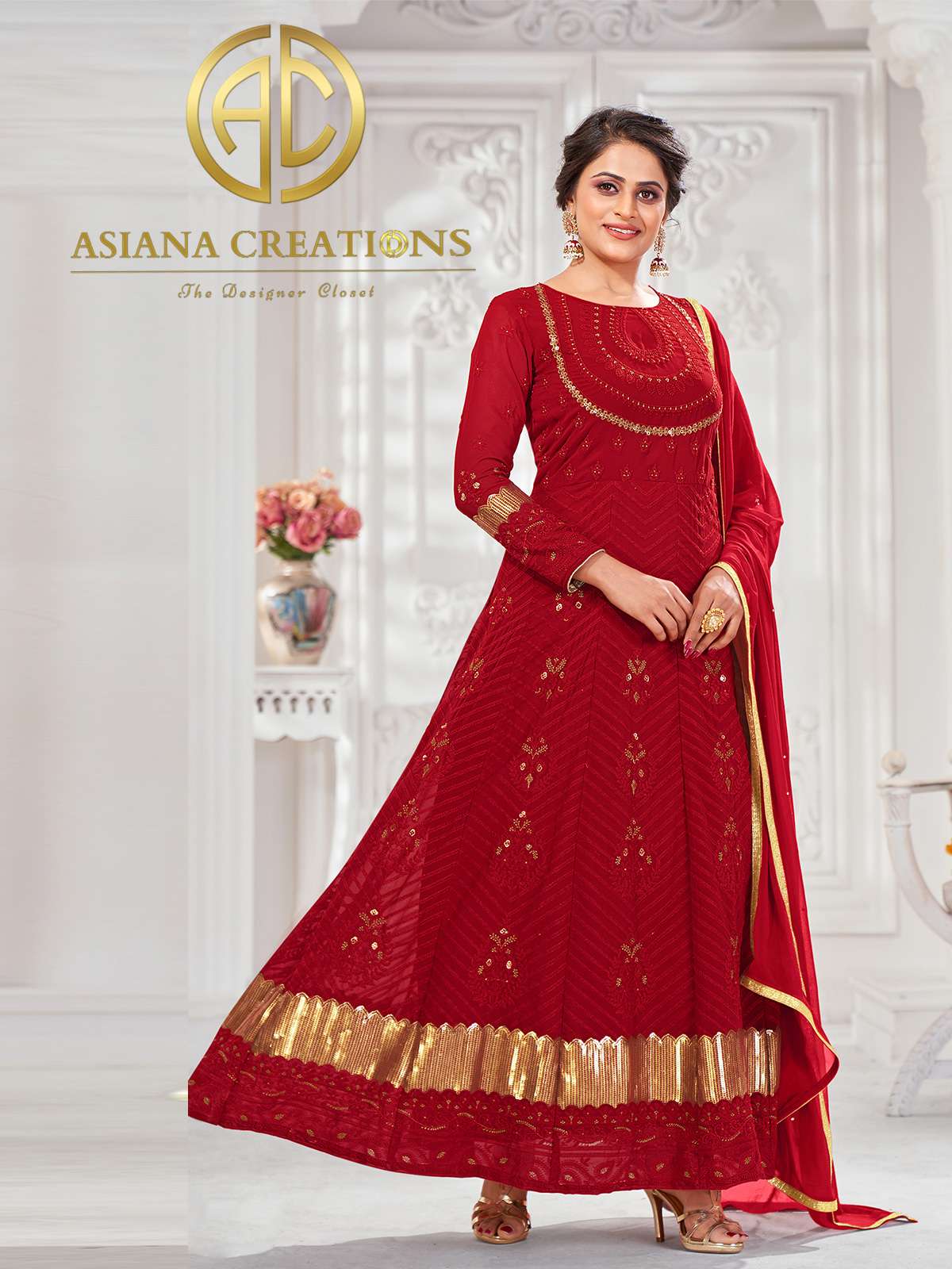 Georgette Embroidered Wedding Wear Red Anarkali Suit-2771