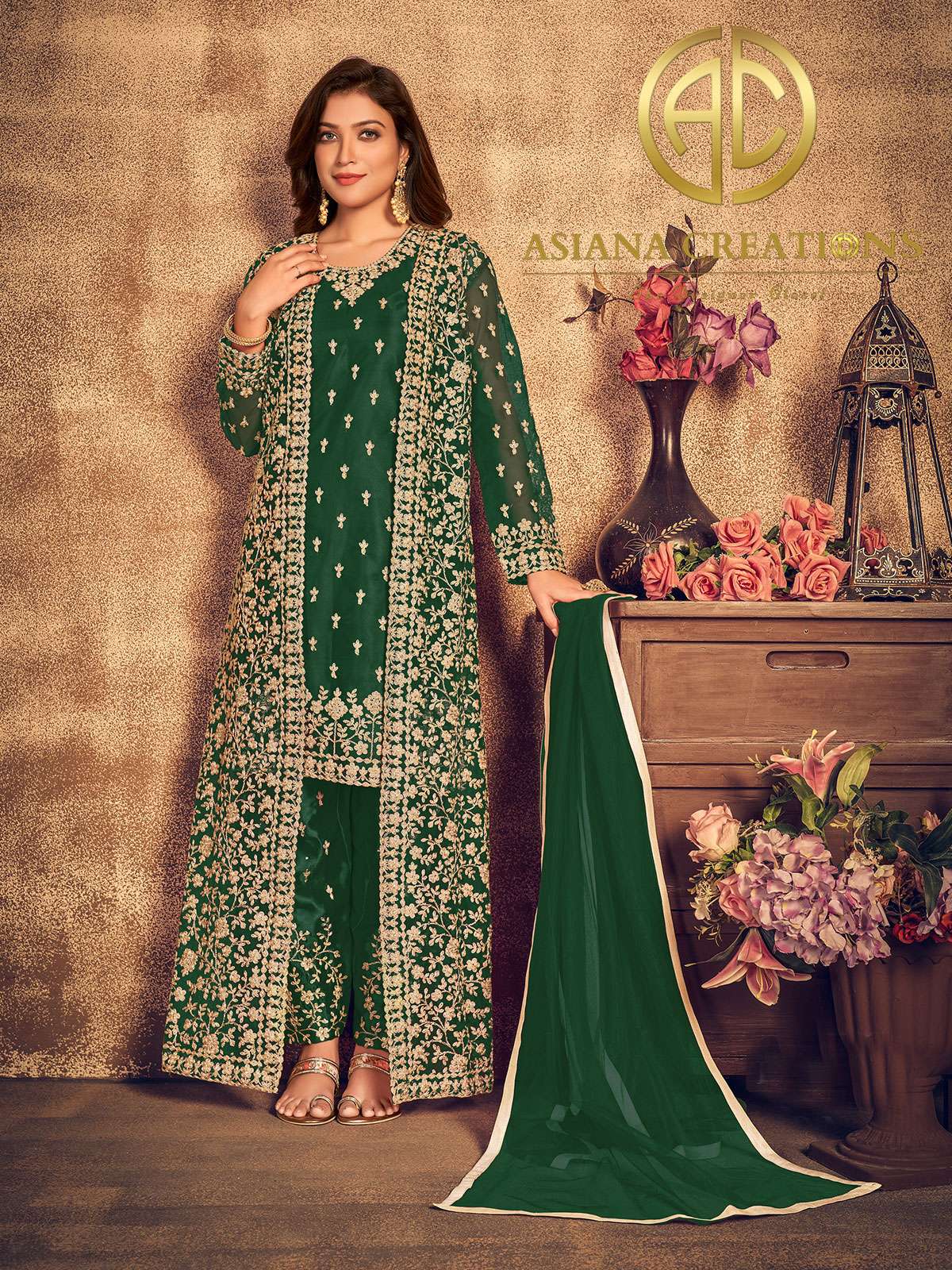 Net Dark Green Embroidered Jacket Style Salwar Suit-2830