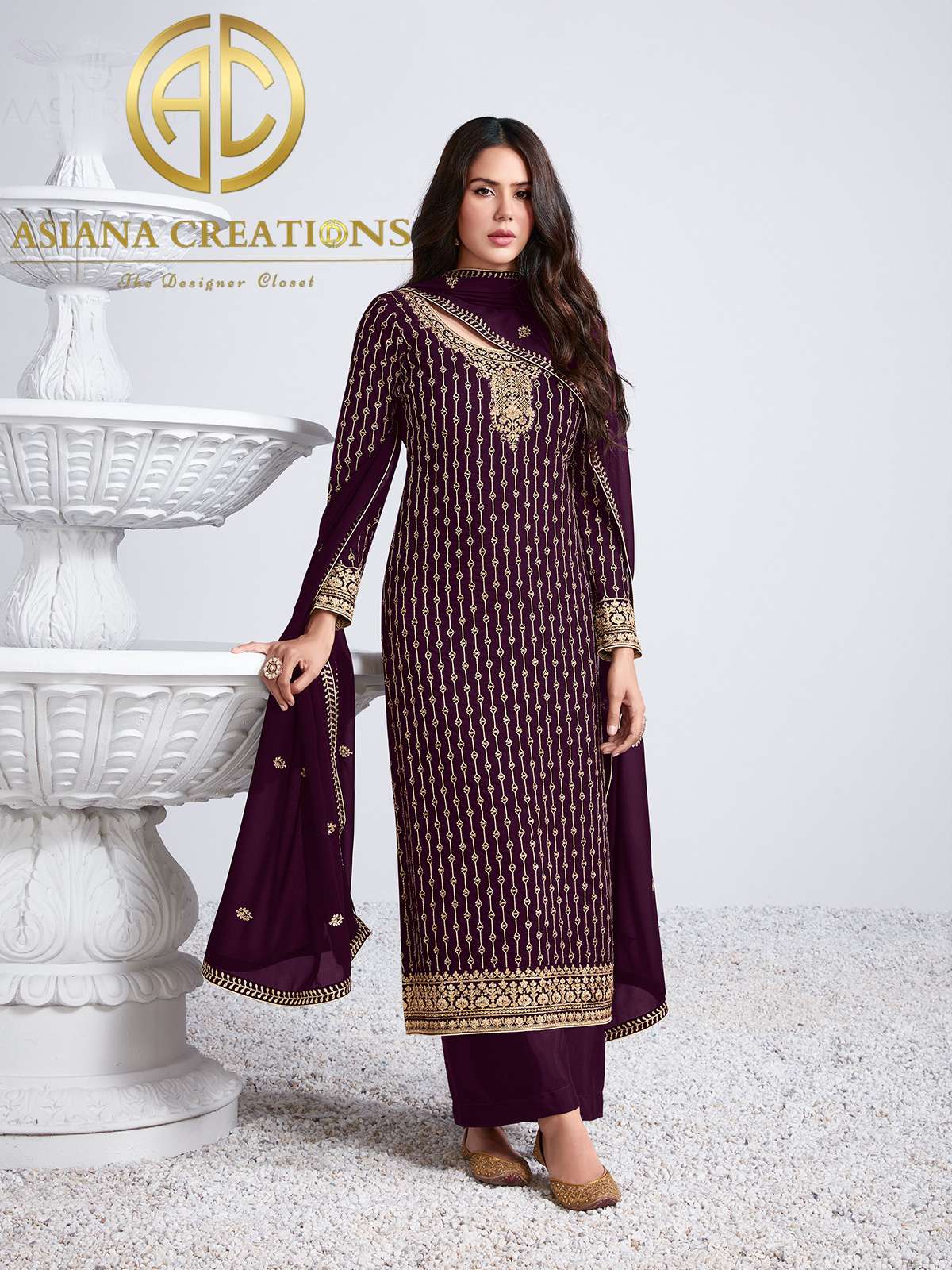 Georgette Embroidered Purple Wedding Salwar Suit-2845