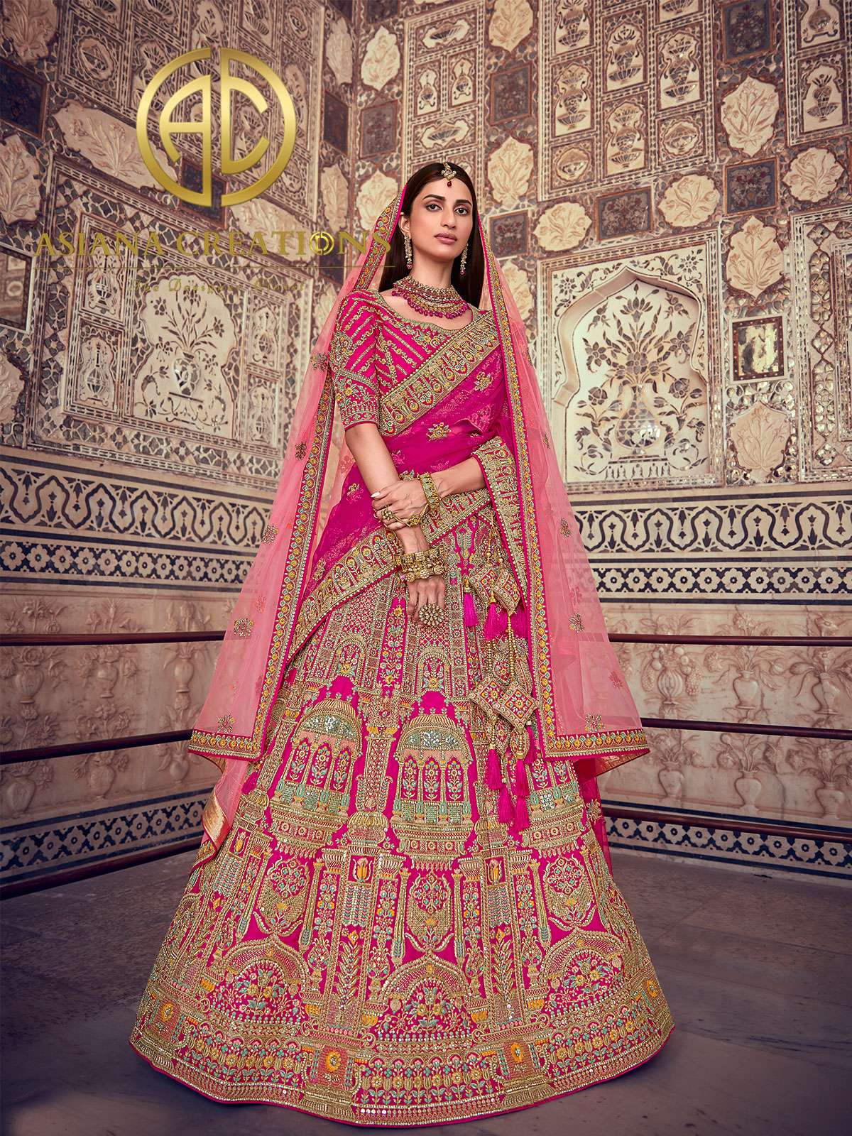 Art Silk Heavy Embroidered Traditional Pink Bridal Wedding Lehenga with Double Dupatta-2850