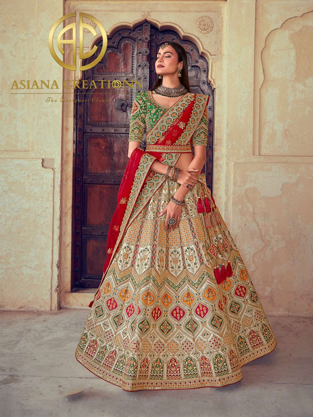 Art Silk Heavy Embroidered Traditional Off White Bridal Wedding Lehenga with Double Dupatta-2854