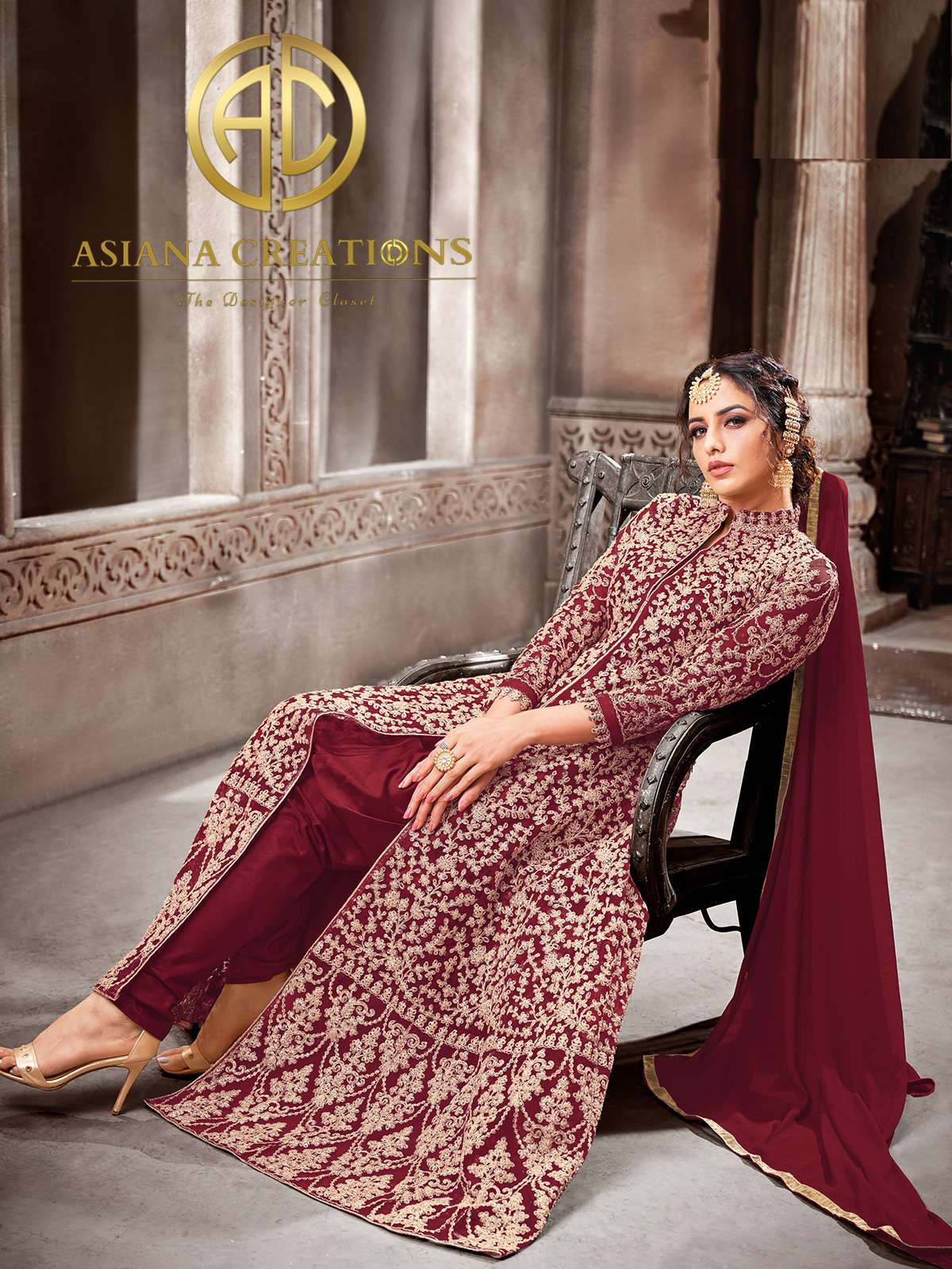 Net Embroidered Party Wear Maroon Salwar Suit-2855