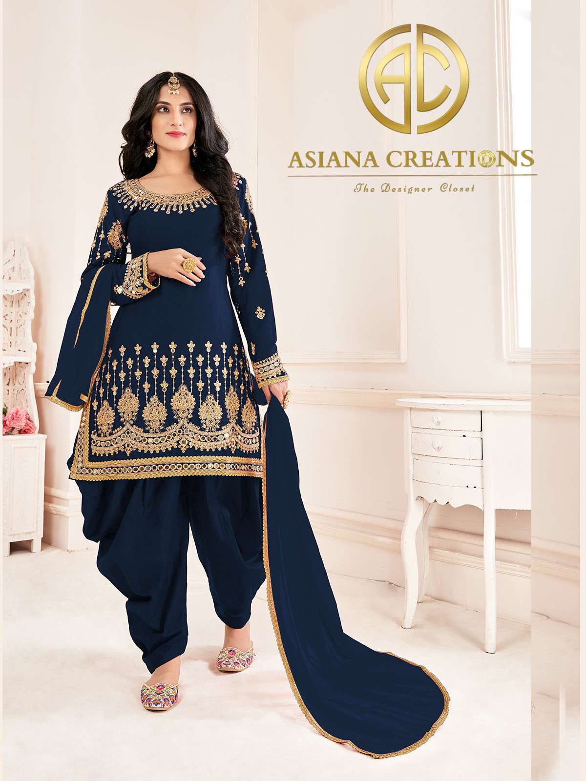 Art Silk Embroidered Traditional Navy Blue Patiala Salwar Suit-2872