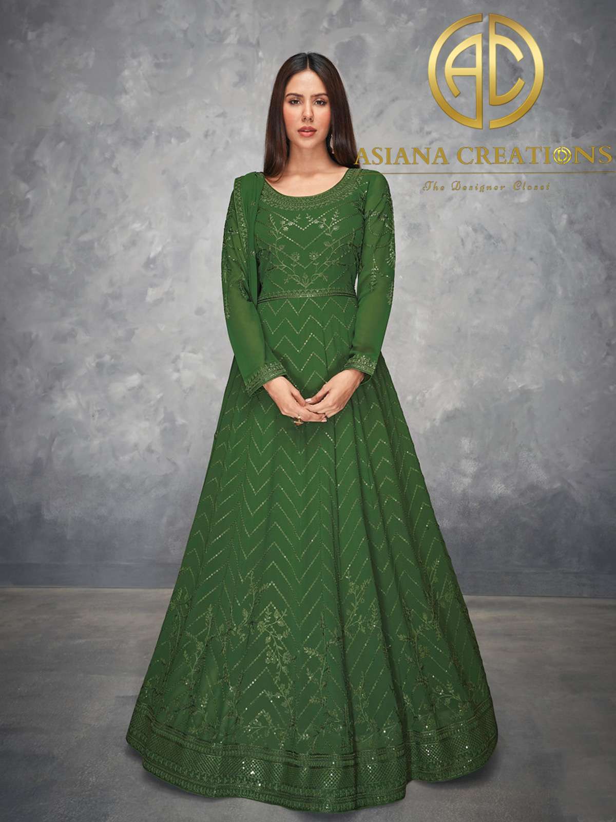 Georgette Embroidered Olive Green Anarkali Wedding Suit-2880