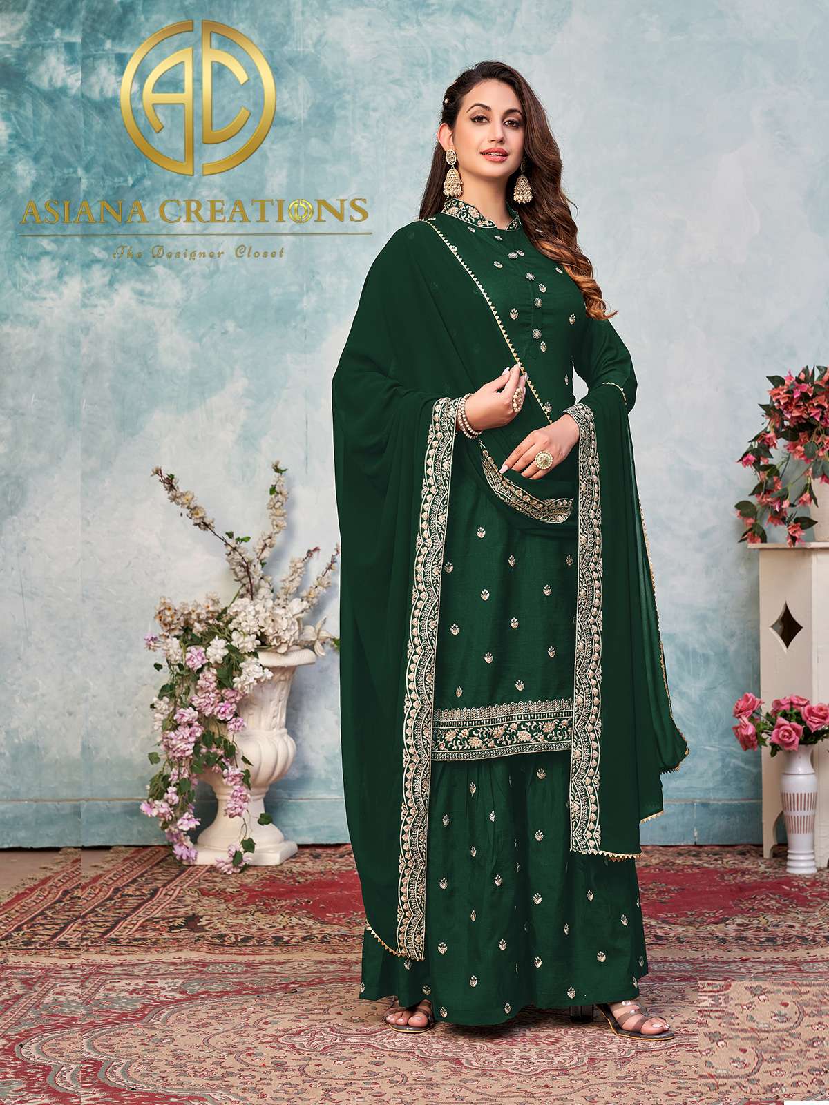 Art Silk Embroidered Dark Green Palazzo Party Wear Suit-2921