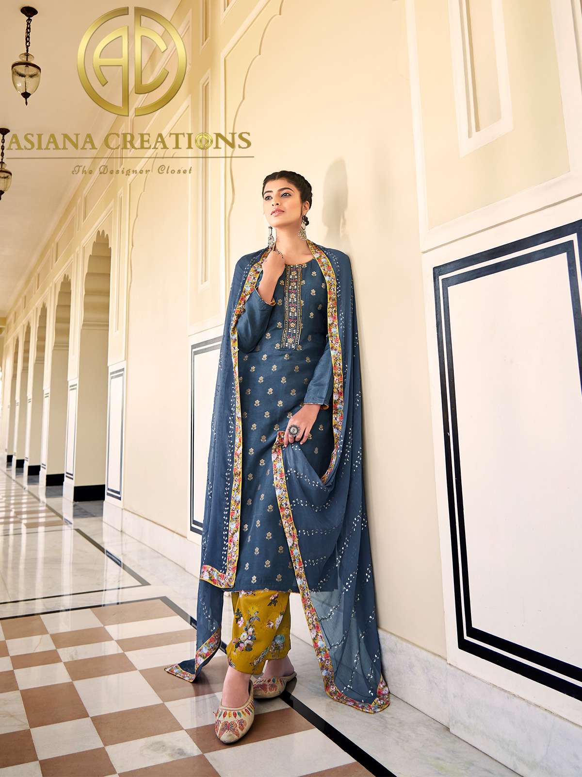 Silk Jacquard Woven Blue Casual Wear Straight Suit-2933