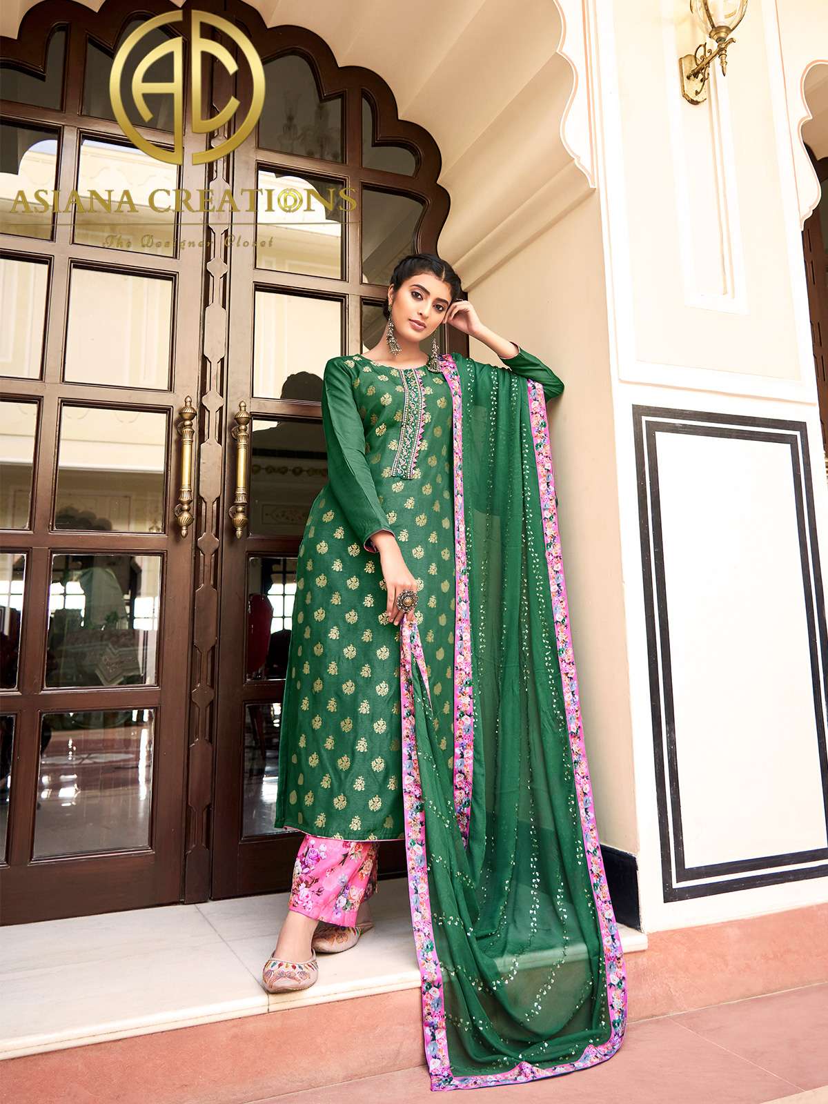 Silk Jacquard Woven Green Casual Wear Straight Suit-2934