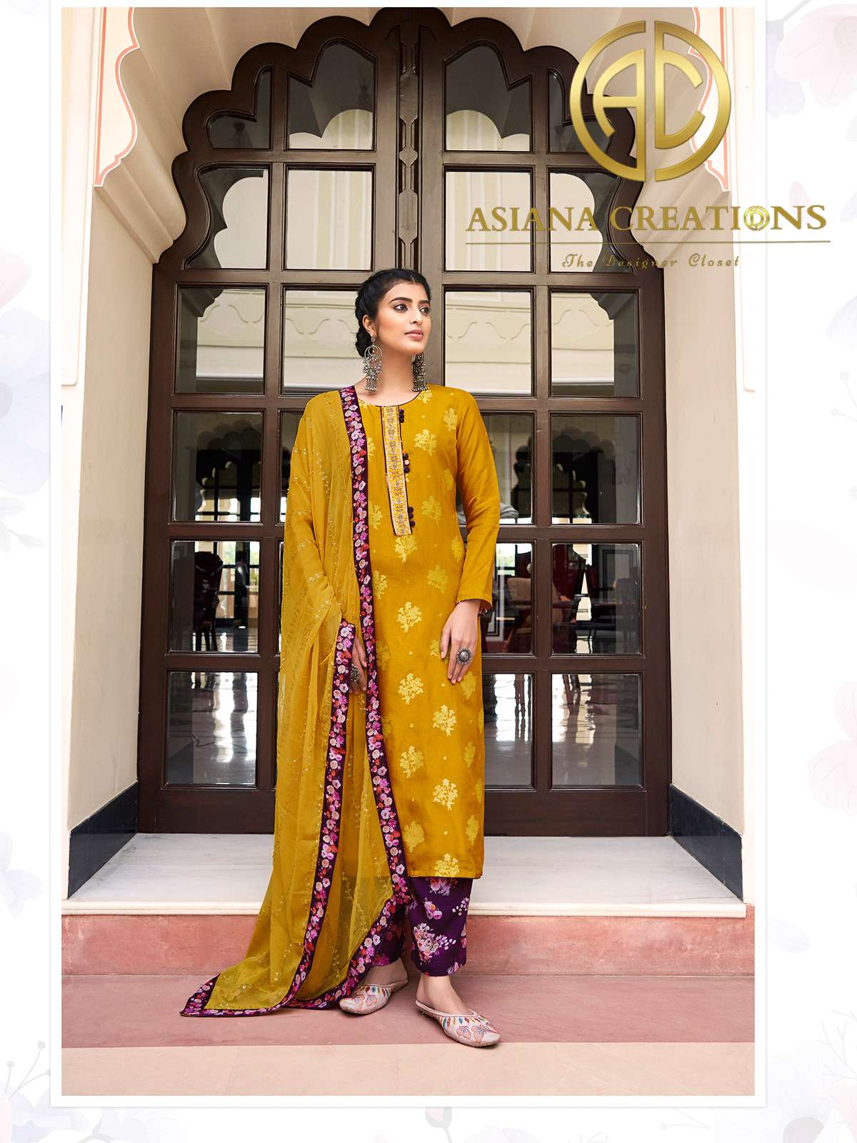 Silk Jacquard Woven Yellow Casual Wear Straight Suit-2936