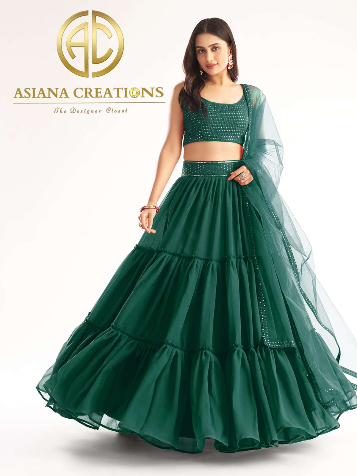 Georgette Embroidered Dark Green Frilled Engagment Wear Lehenga-2995