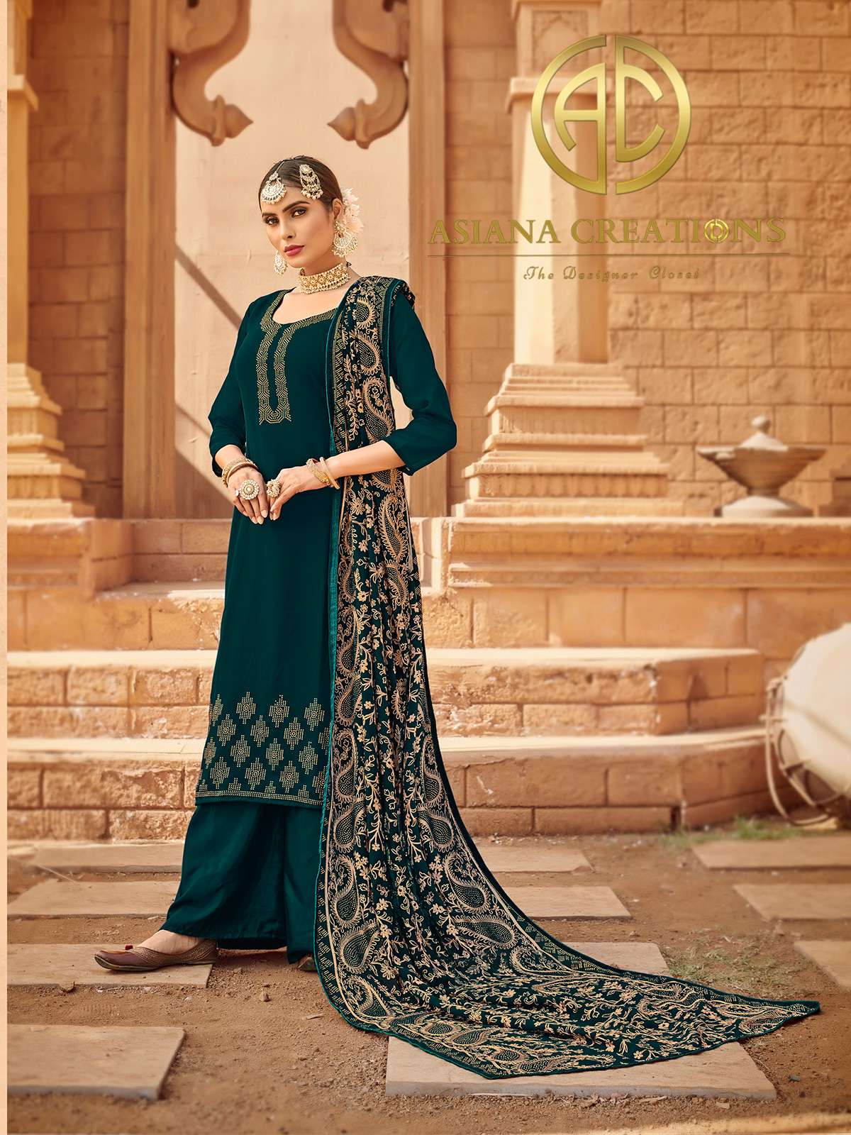 Georgette Embroidered Green Wedding Palazzo Suits-3002