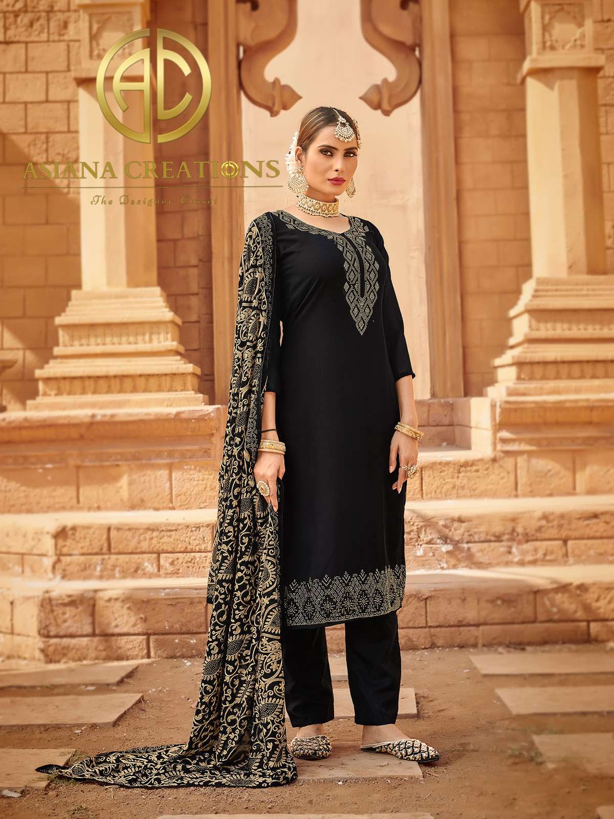 Georgette Embroidered Black Wedding Palazzo Suits-3003