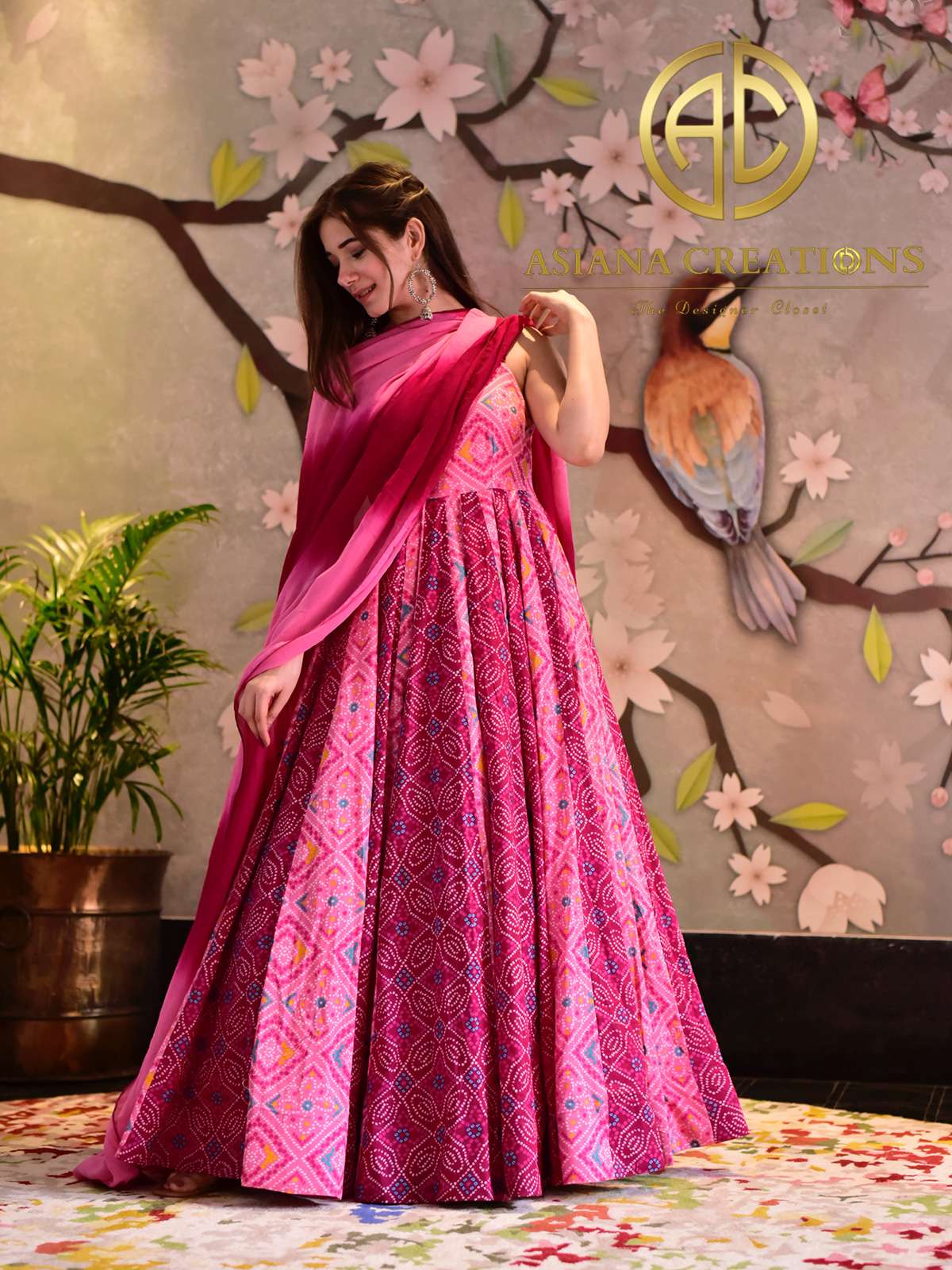 Silk Bandhej Printed Pink Traditional Gown-3004
