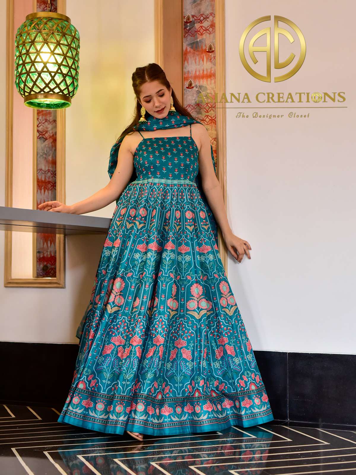 Silk Printed Blue Traditional Gown-3005
