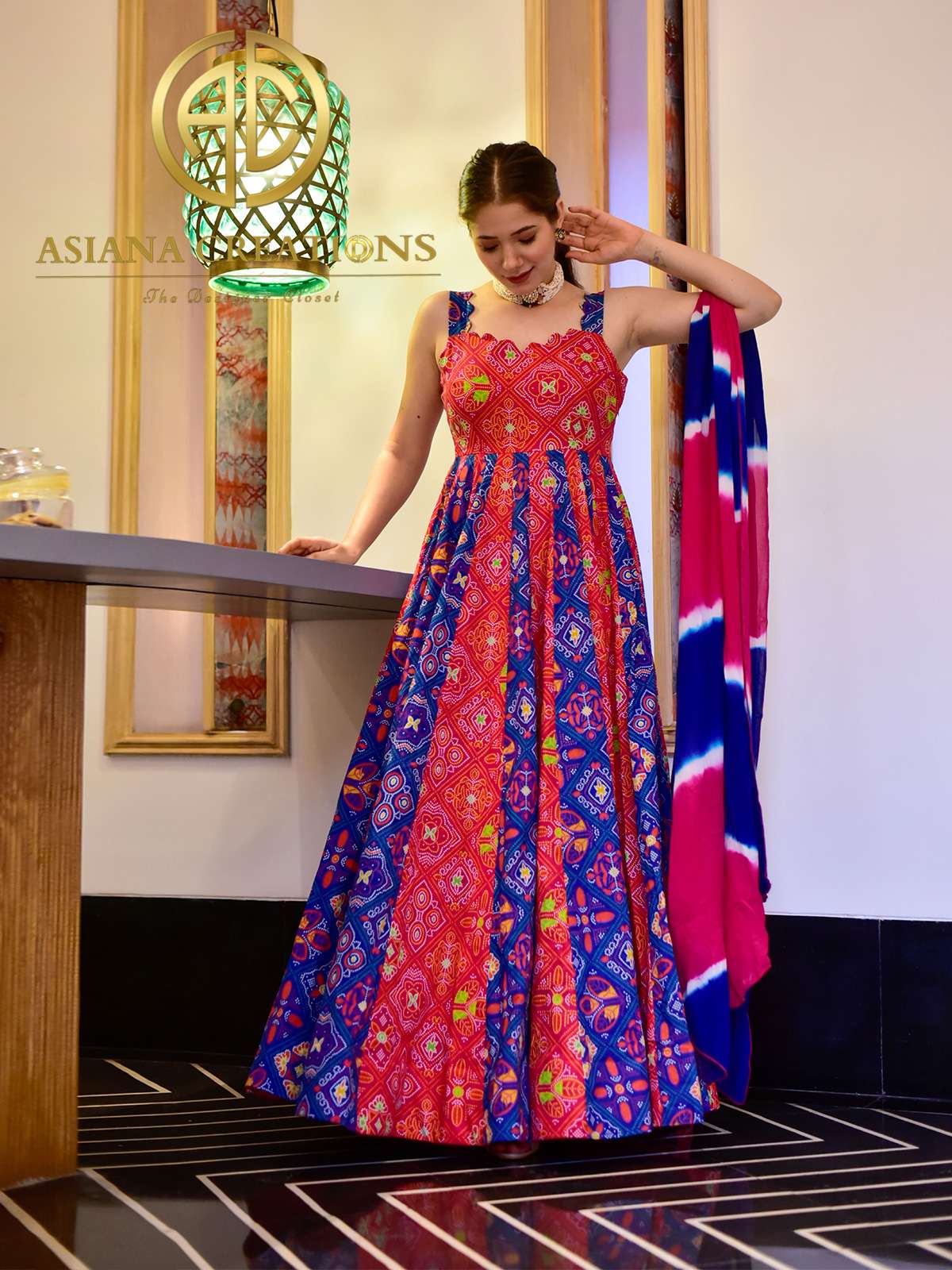 Silk Bandhej Printed Blue and Red Traditional Gown-3007