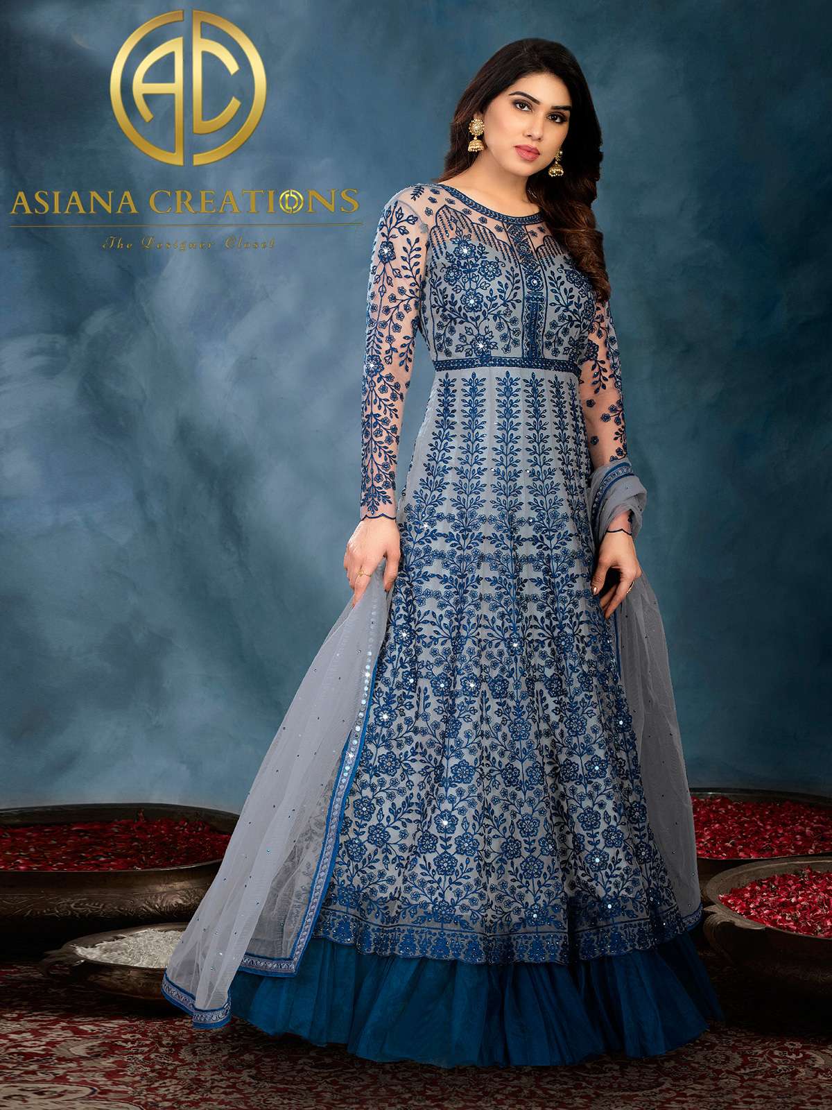 Net Embroidered Blue Wedding Anarkali Suit-3053