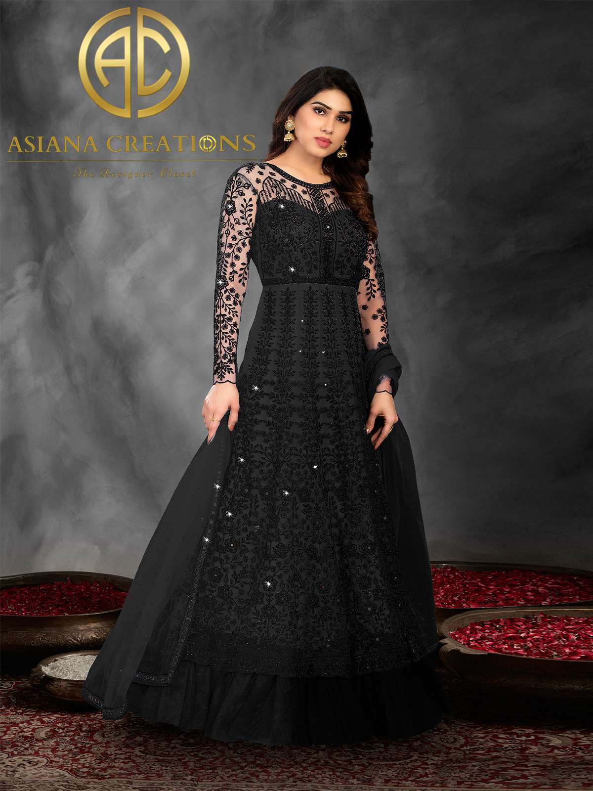 Net Embroidered Black Wedding Anarkali Suit-3055
