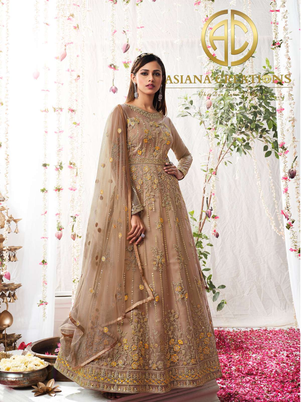 Net Heavy Embroidered Rose Gold Blue Reception Wear Anarkali Suit-3058
