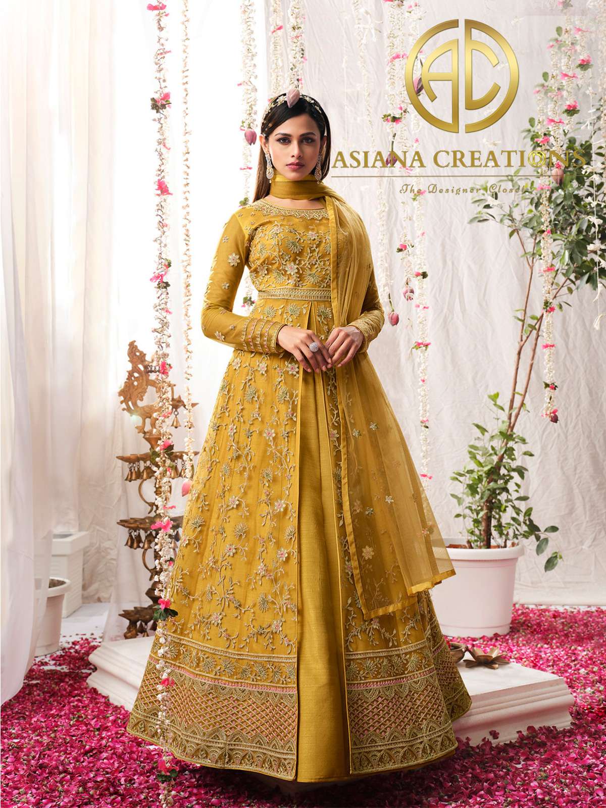 Net Heavy Embroidered Yellow Reception Wear Anarkali Suit-3060