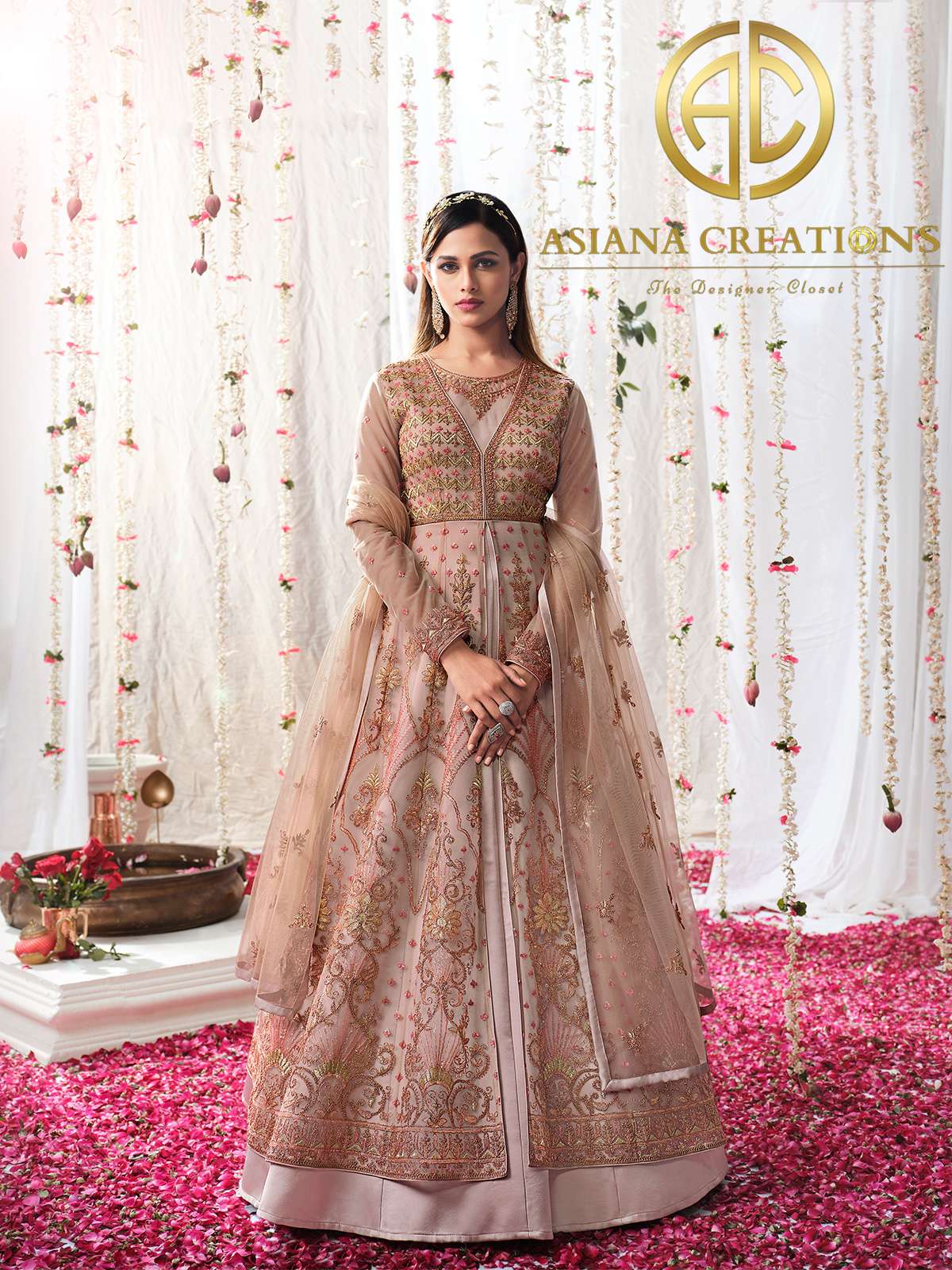 Net Heavy Embroidered Rose Gold Reception Wear Anarkali Suit-3061