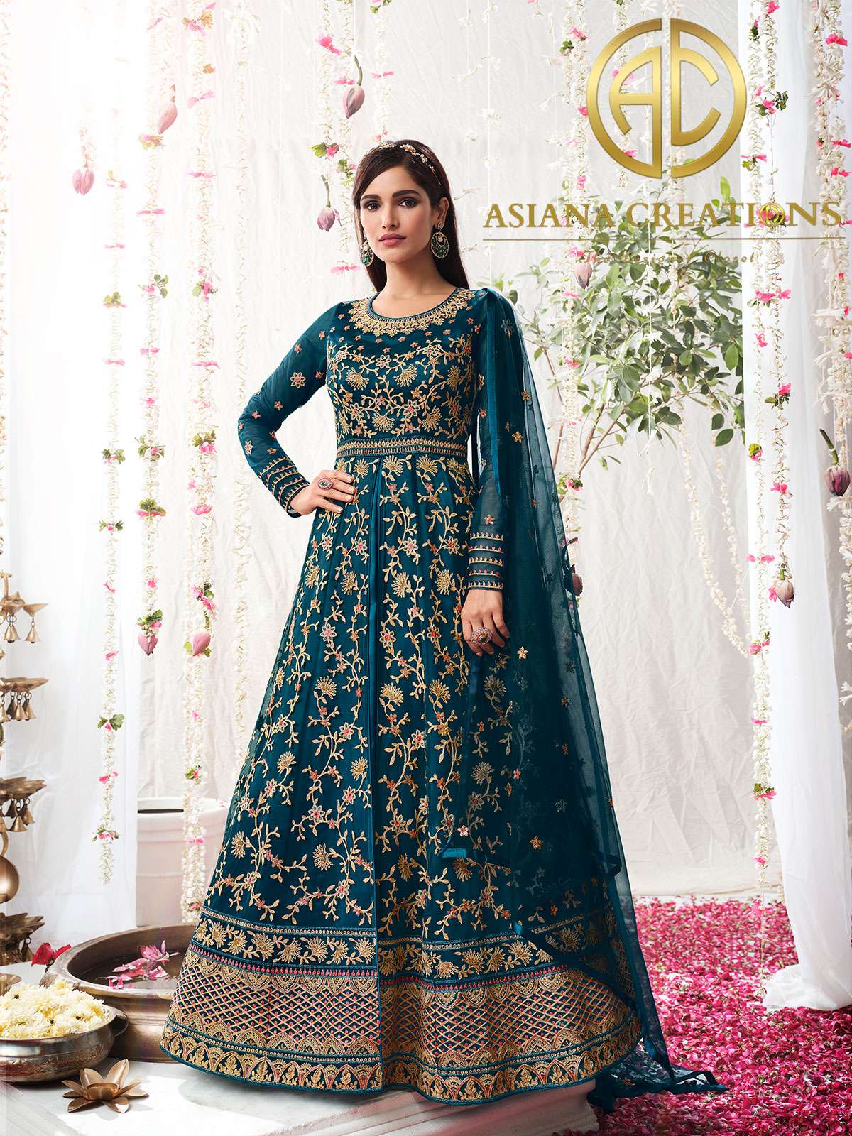 Net Heavy Embroidered Blue Reception Wear Anarkali Suit-3062