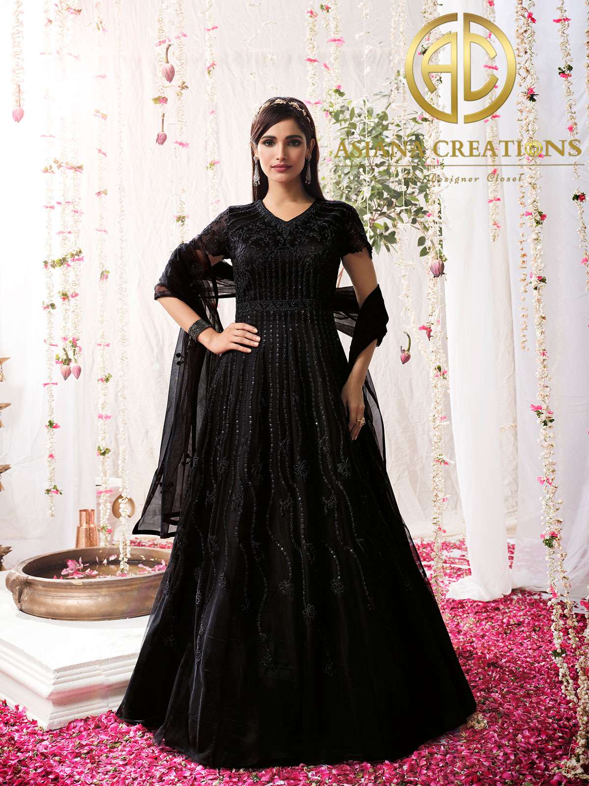 Net Heavy Embroidered Black Reception Wear Anarkali Suit-3063