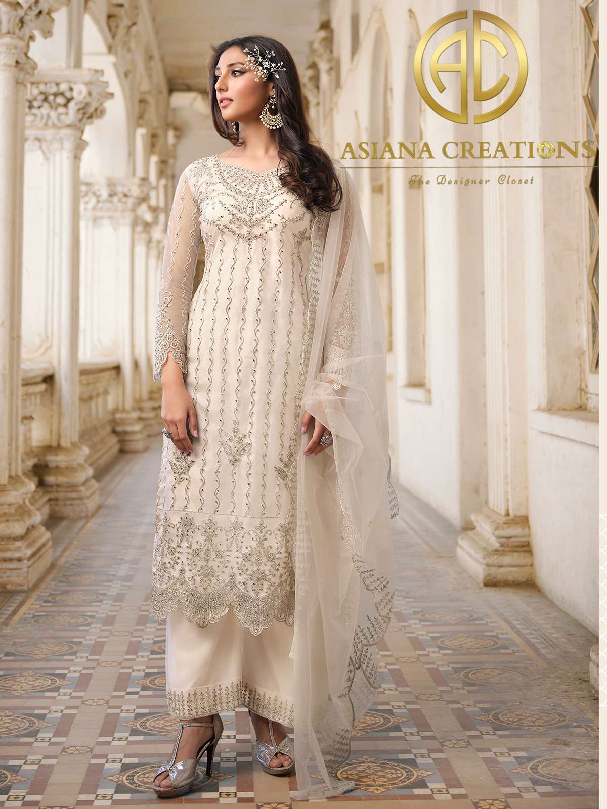 Net Embroidered Party Wear Off White Straight Salwar Kameez-3065