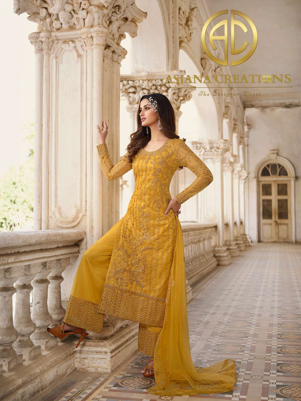 Net Embroidered Party Wear Yellow Straight Salwar Kameez-3069