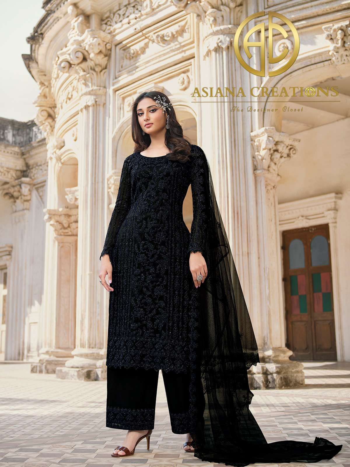 Net Embroidered Party Wear Black Straight Salwar Kameez-3070