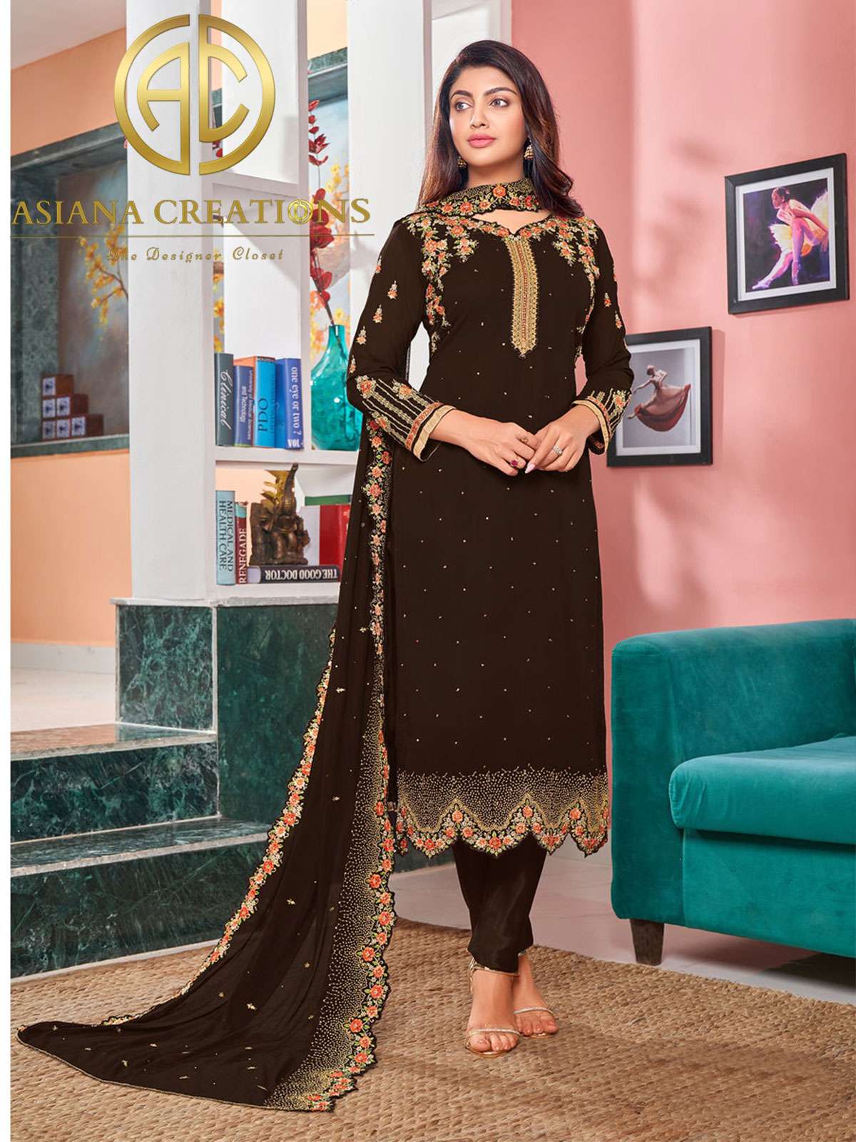 Georgette Embroidered Brown Straight Suit-3087