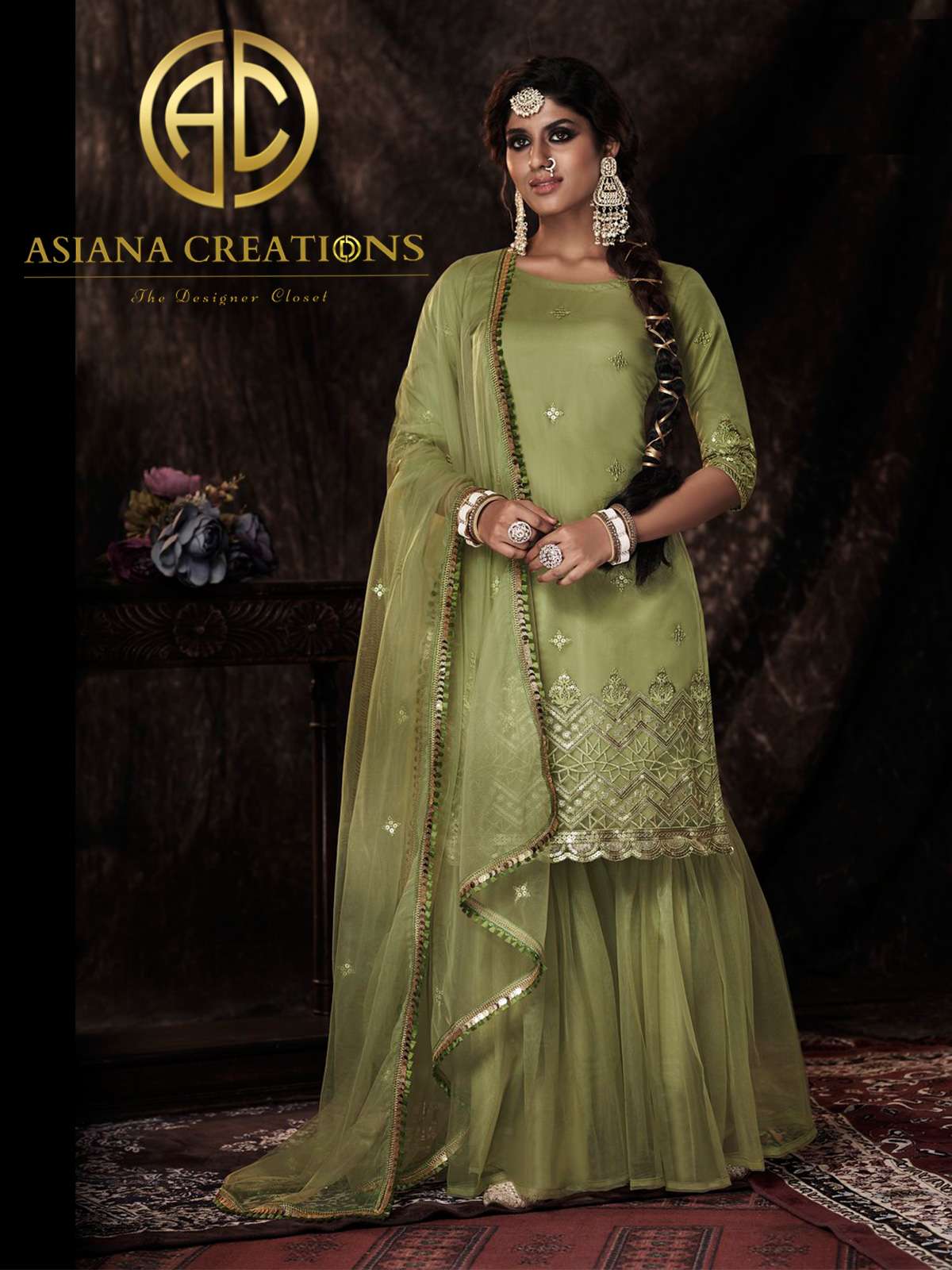Net Embroidered Green Wedding Palazzo Suit-3101
