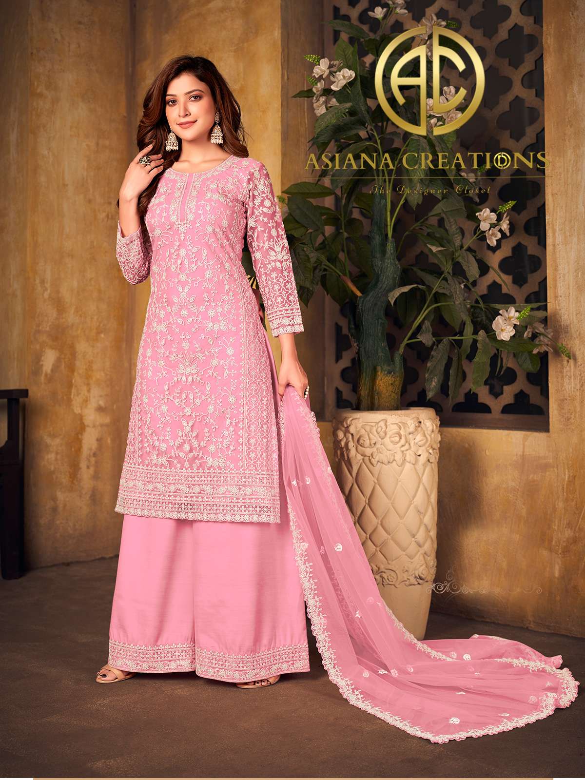 Net Pink Embroidered Wedding Palazzo Suit-3163
