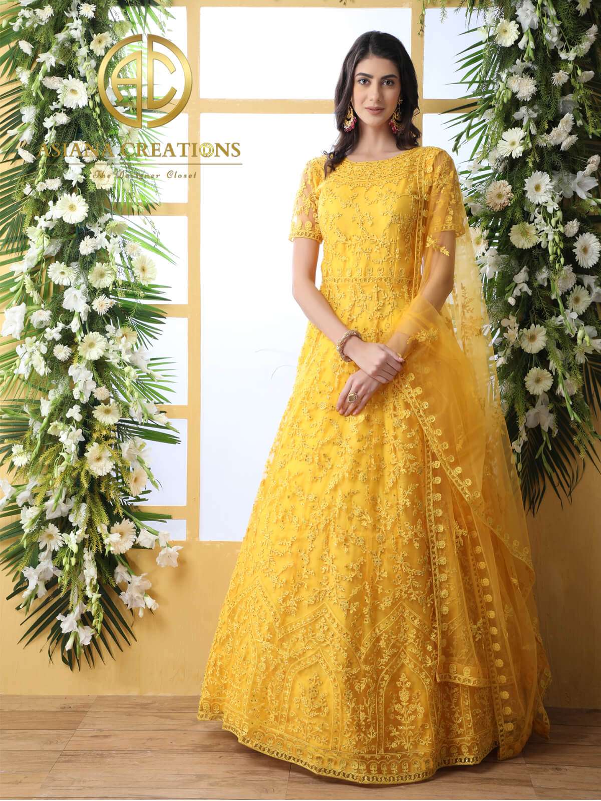 Party Wear Designer Net Heavy Gown in Yellow with Dupatta
